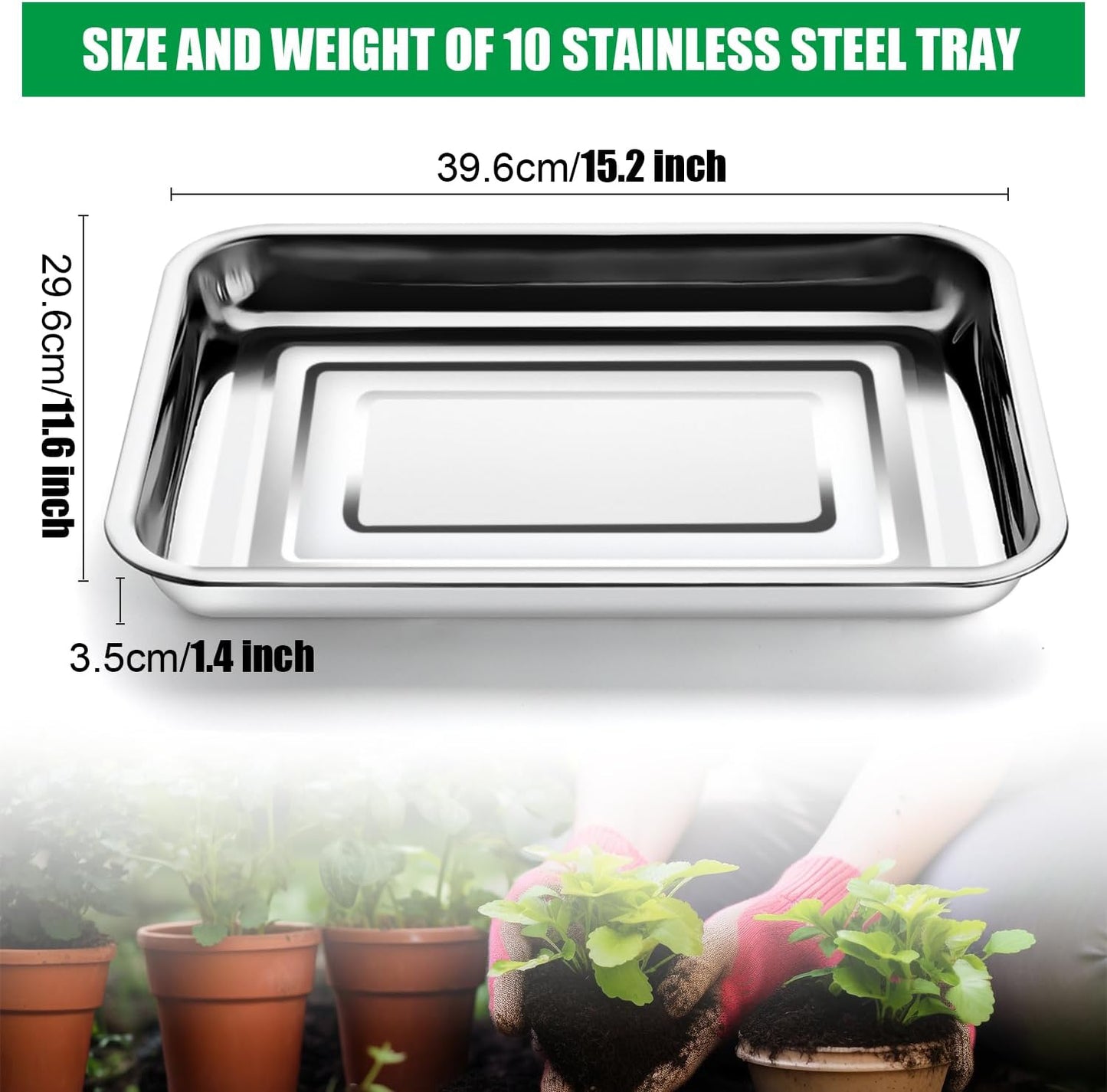 Stainless Steel Plant Trays, 5 Pack Multi-Purpose Tray for Indoor Outdoor Plants, Seed Starting Tray for Potted Plants(11.6 inch×15.2 inch, 1.45" Height, 5-Pack)