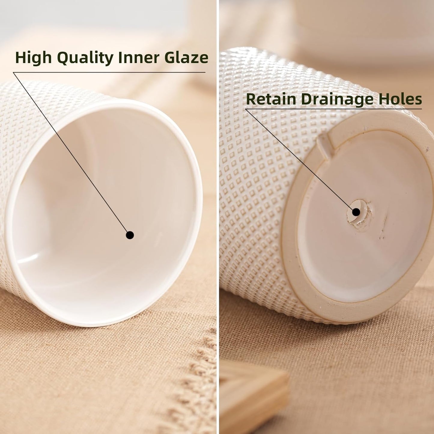 8 Inch Plant Pots: Ceramic Planter with Drainage Hole & Saucer - Flowerpot for Indoor & Outdoor Plants - Beaded Embossed Design White - with Separate Tray