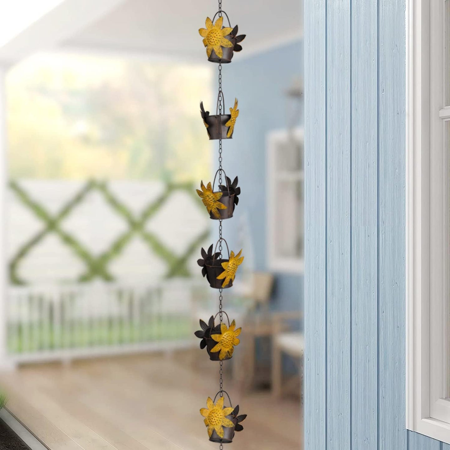 Rain Chains 8.5FT Metal Bucket Rain Chains for Gutters and Downspouts Vintage Rain Catcher Chain Sunflower Decorative Rain Chimes for Outside Rainwater Diverter Outdoor Decor for Garden Yard