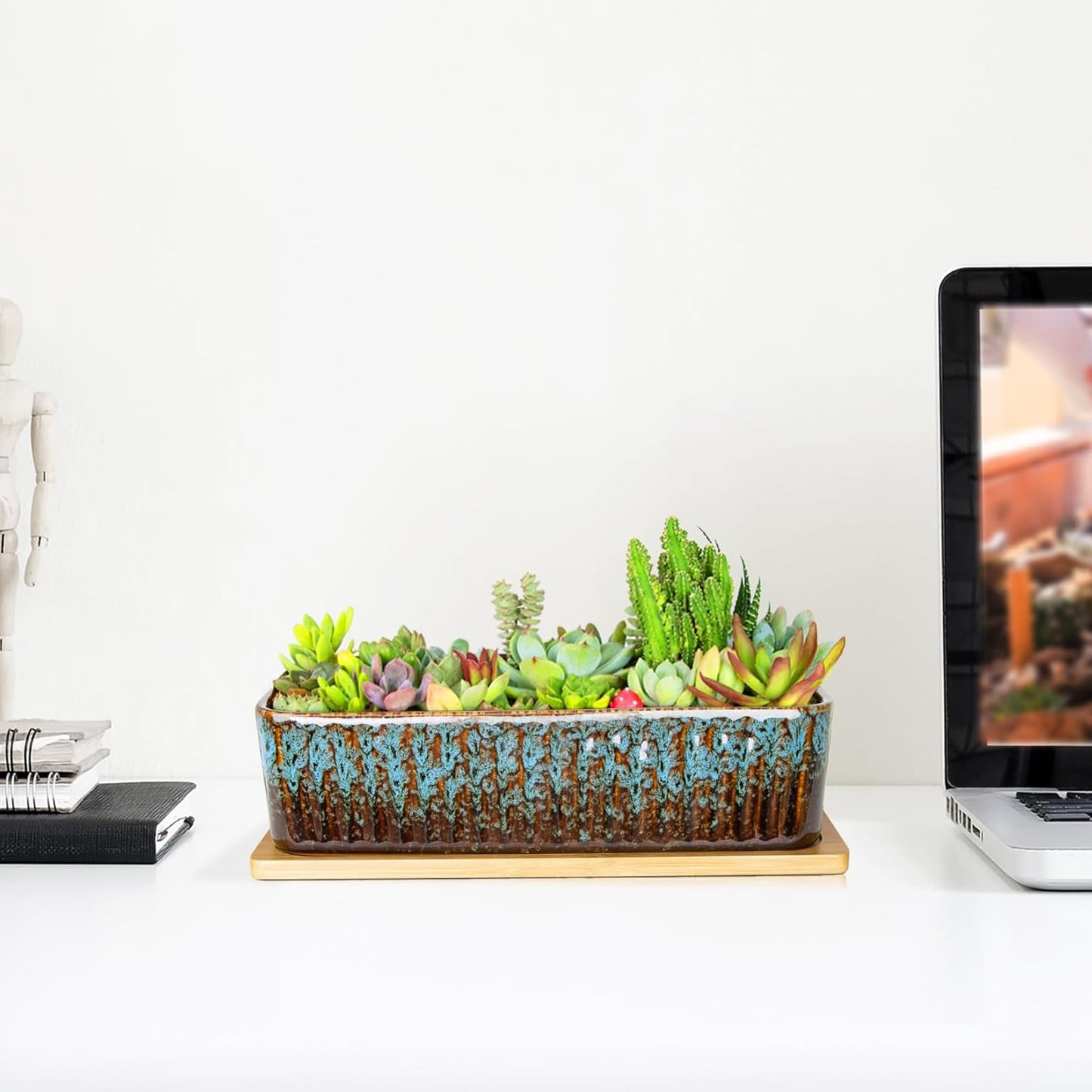 Succulent Pots - 12 Inch Large Succulent Planters with Drainage Tray, Window Sill Planter, Long Rectangle Ceramic Pots for Indoor Cactus Plants Shallow Bonsai Window Box for Home Garden Decor