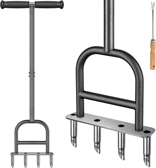 Dolibest Lawn Coring Aerator, Manual Lawn Aerator, 4 Stainless Stee Corer Plug Aerator with Soft Rubber Grip, Pre-Assembled Manual Grass Aerating Tool & Cleaning Hand Tool for Improving Lawn Health