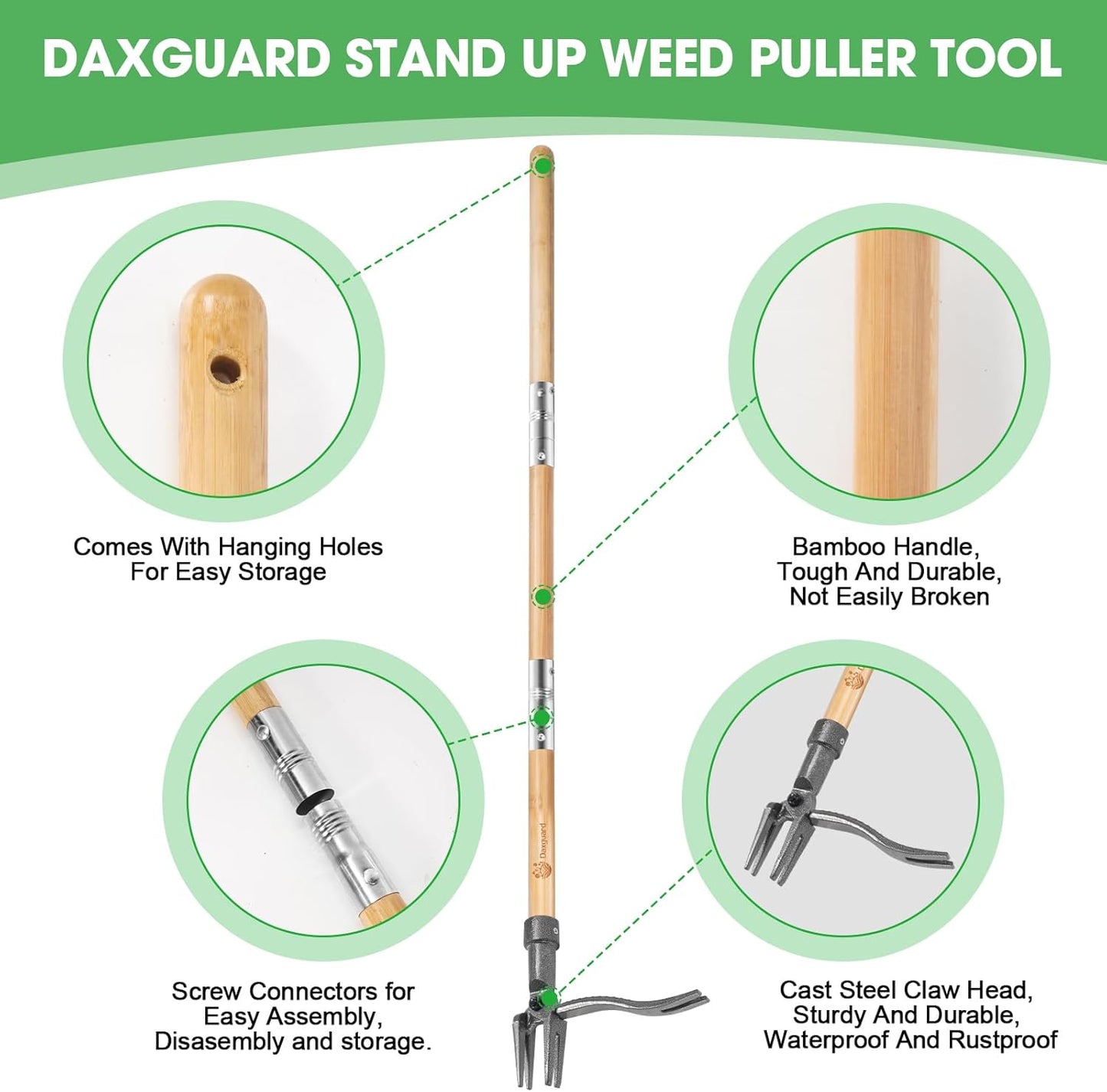 Weed Puller-The Original Stand Up Weed Puller Tool,Adjustable 44-31.5" Bamboo Handle with Heavy Duty 4-Claw Cast Steel Head - Foot Step Design, No Bending Required - Garden & Yard Weeder