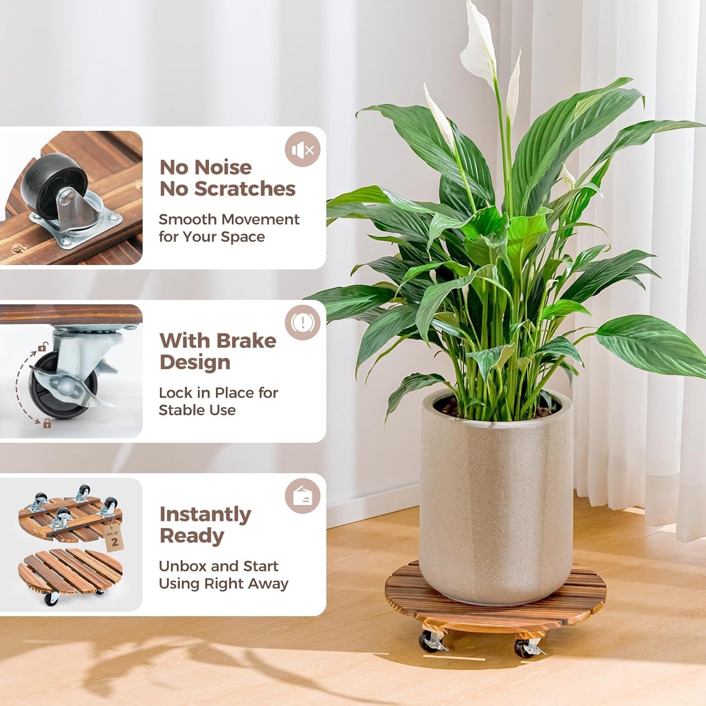 Bamworld Plant Stand with Wheels Plant Caddy Outdoor 4 Pack 12in Rolling Planter Caddy with Swiveling and Lockable Caster for Indoor Patio Plant Dolly Wood Wheeled Mobile Roller