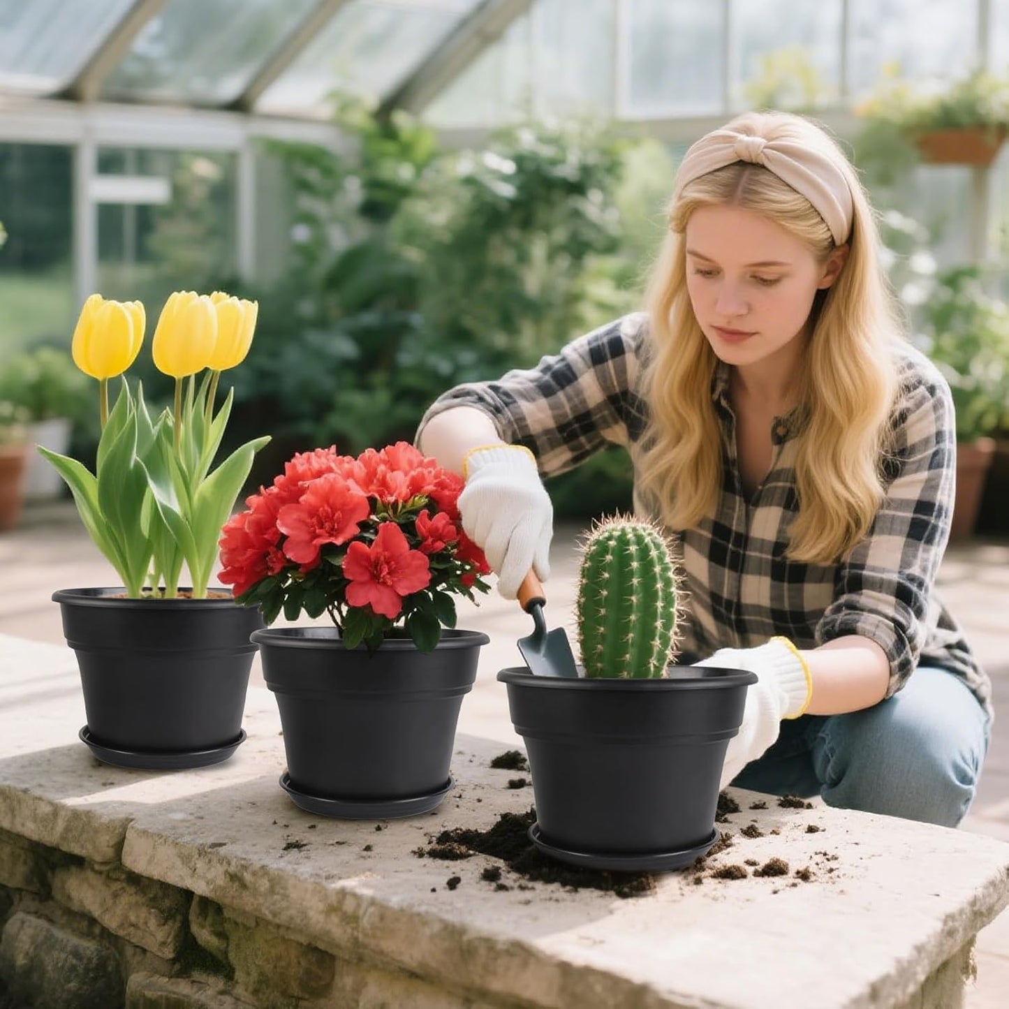 8-inch-Plant-Pots-Indoor-Outdoor, 4 Pack Plastic Planters with Drainage Holes & Saucers, Resin Flower Pots with Trays, Classic Garden Pot Container for House