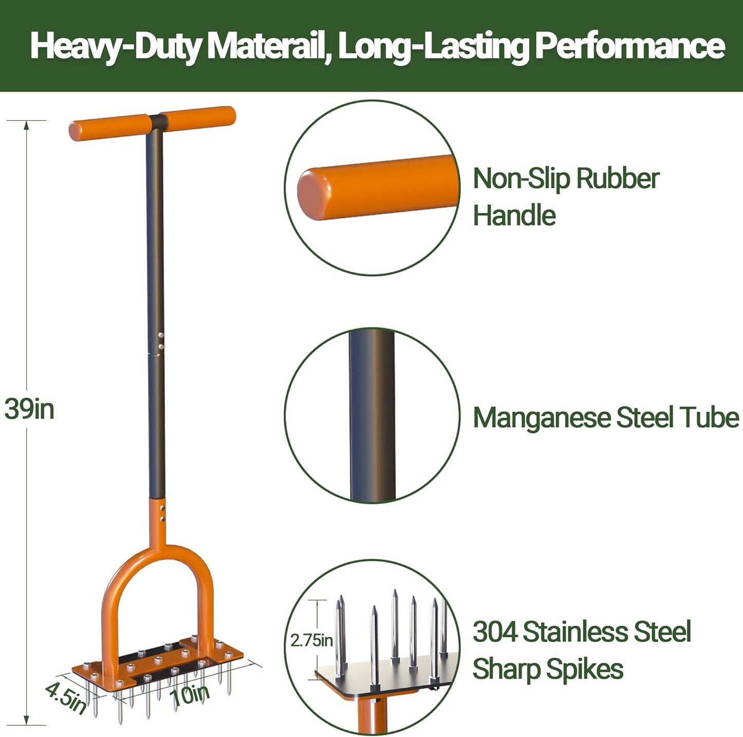 39in Lawn Aerator Spike Tool with 304 Stainless Steel Spikes Heavy Duty Lawn Aerator with Wide Foot Plate Rubber Handle for Soil Aeration, Grass & Yard Care