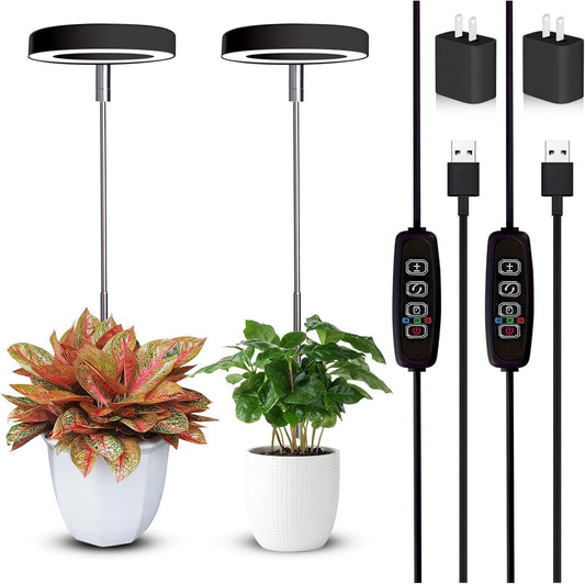 Grow Lights for Indoor Plants Small Potted - Full Spectrum, Auto 3/9/12H Timer, 10-Level Dimming & Adjustable Height - Compact Grow Light for Succulents, Herbs, Foliage in Home/Office (Black,2PACKS)