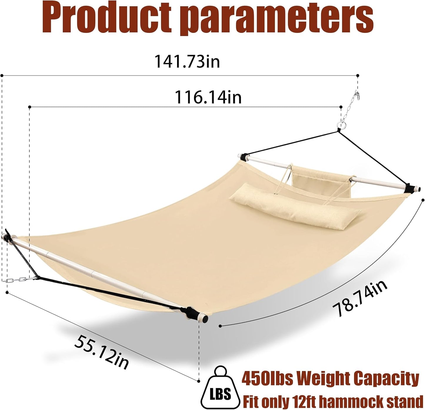 TegerDeger Anti-flip 12FT Hammock Large Hammock 450LB Capacity with Iron Spreader Bar & Nylon Rope for Outside, Patio, Garden, Backyard, Beach - Beige