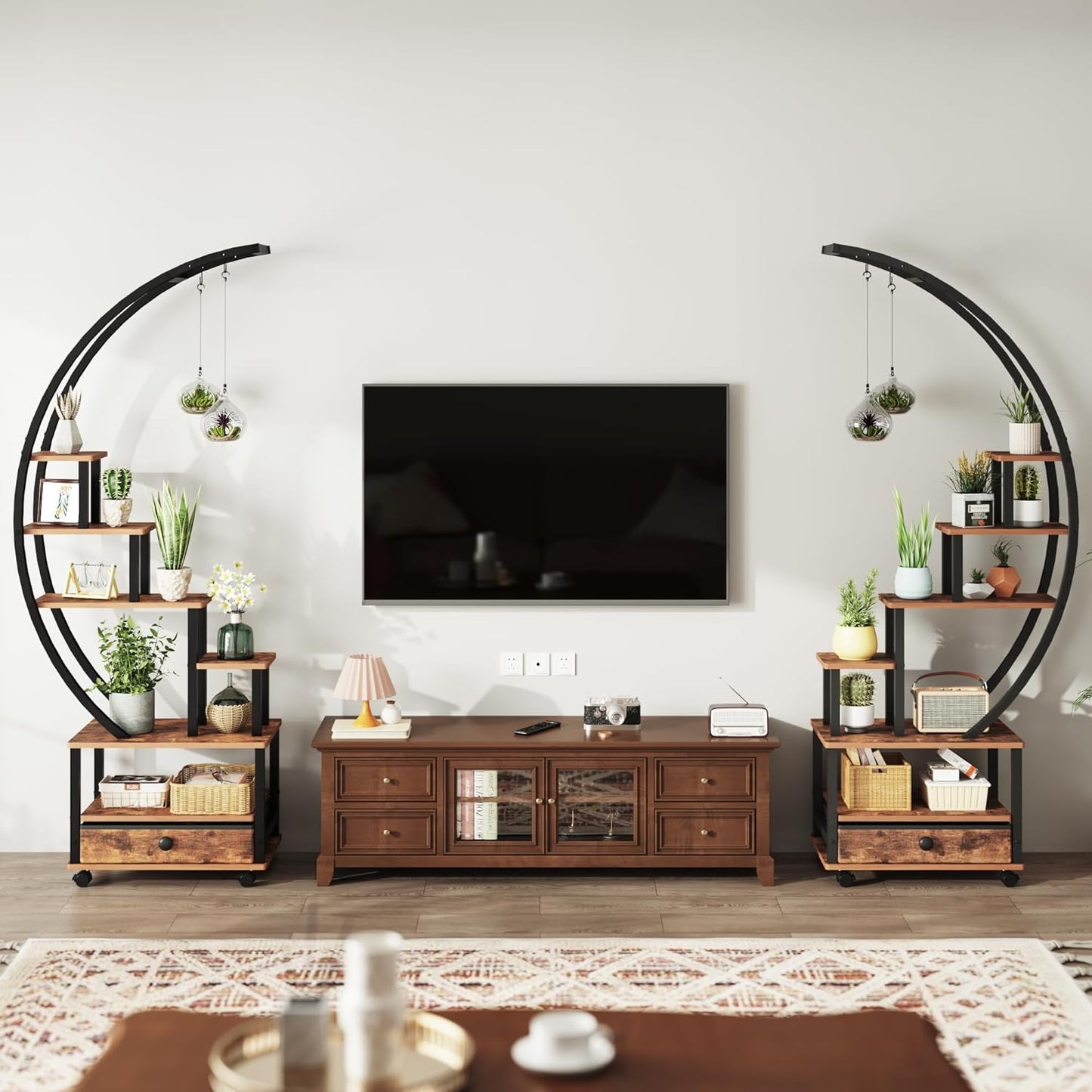 71” Tall 2 PCS Half Moon Indoor Plant Stand with Lockable Wheels, 14-Tier Plant Shelf with Drawer & Accessories, Plant Holder Display Rack for Multi-plants, Plant Rack for Balcony Living Room