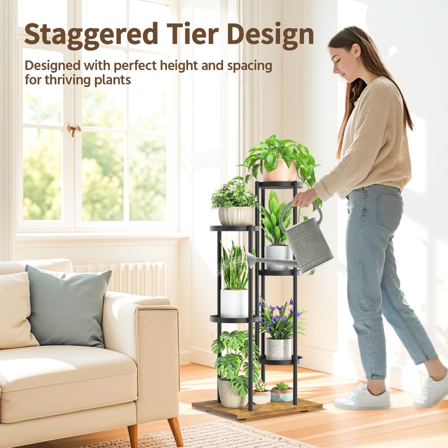LASZOLA Black 5 Tier Plant Stand Indoor Heavy Duty Metal Planter Flower Holder Rack, Multi Modern Narrow Organizer, Floor Vertical Tower, Spiral Sturdy Decorate for House Bathroom Office Living Room