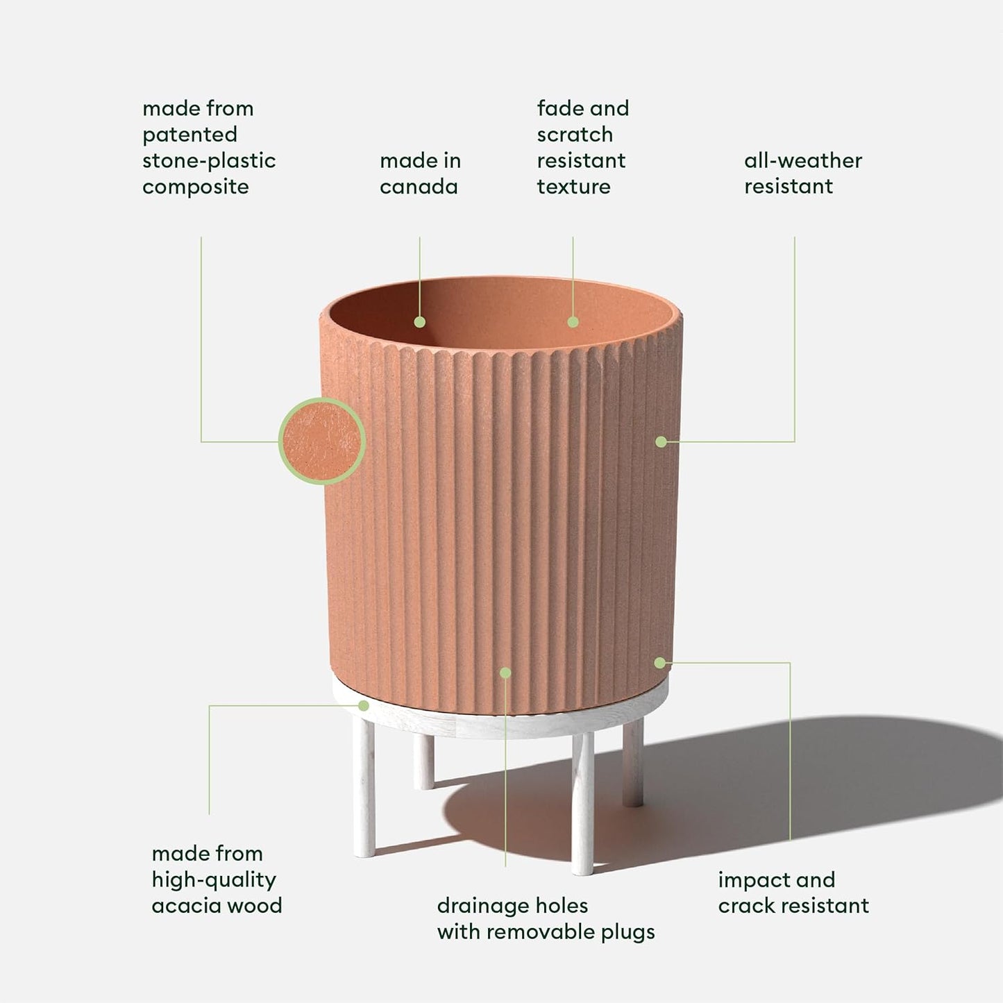 Veradek Demi Series Round Planter w/Stand for Porch/Patio | Durable Plastic-Stone Composite & Wooden Stand | Modern Décor for Tall Plants, Flowers