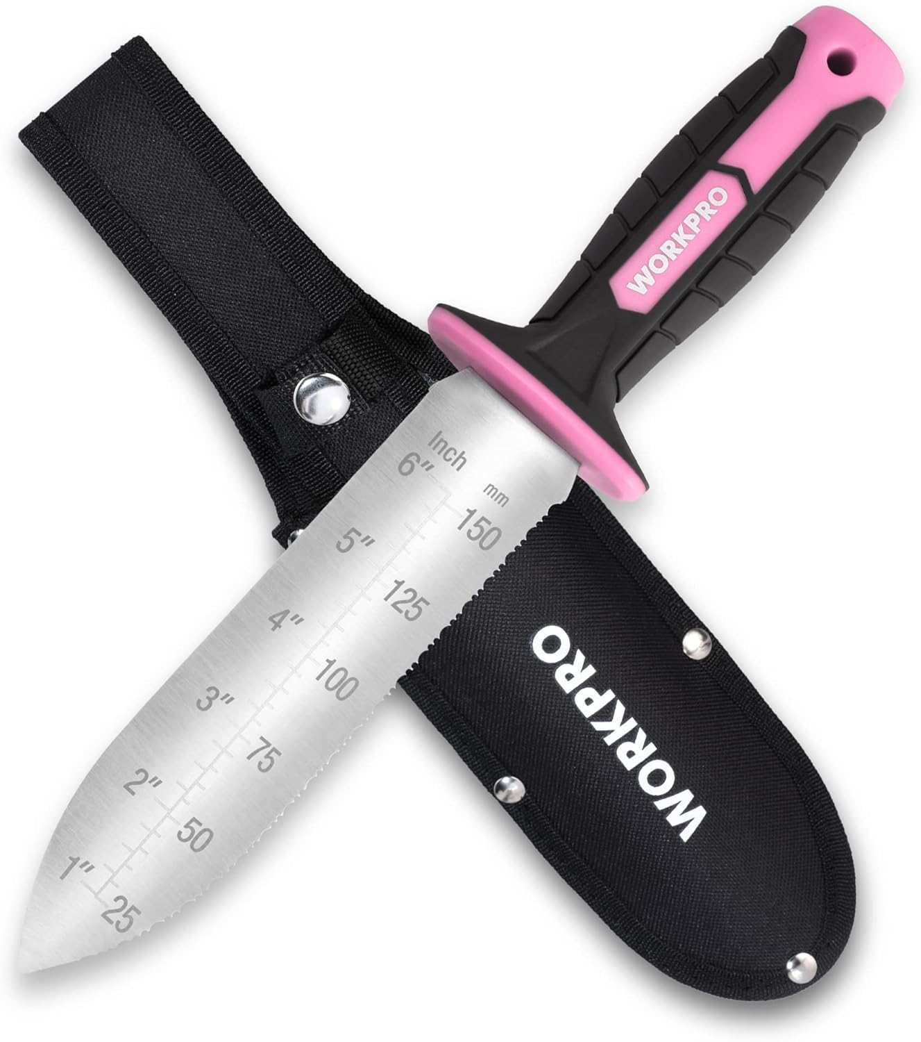 WORKPRO Hori Hori Garden Knife, 7" Stainless Steel Blade with Cutting Edge, Garden Tools with Oxford Sheath, Ergonomic TRP Handle with Hanging Hole for Weeding, Planting, Digging, Pink