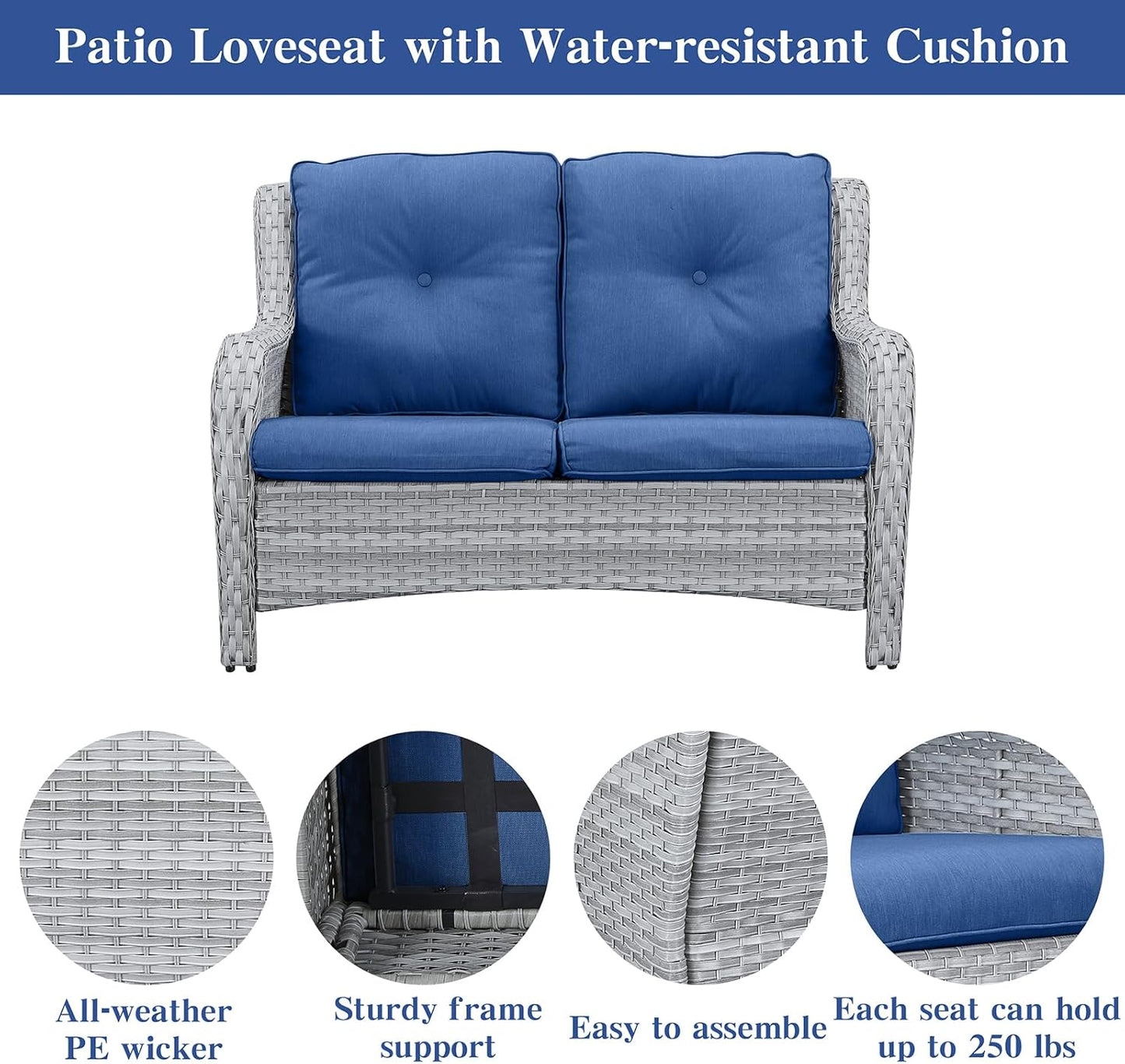 5 Piece Outdoor Patio Furniture Set - Patio Wicker Furniture Conversation Set, Outdoor Swivel Rocker Chairs with Loveseat Sofa and 2 Ottomans for Small Space, Blue Cushion