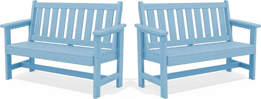 SERWALL Outdoor Bench, HDPE Outdoor Benches Weatherproof, 2-Person Garden Bench with 660 lbs Weight Capacity, Patio Benches for Outdoors, Garden, Porch, Backyard and Park, Light Blue, 2 Pack
