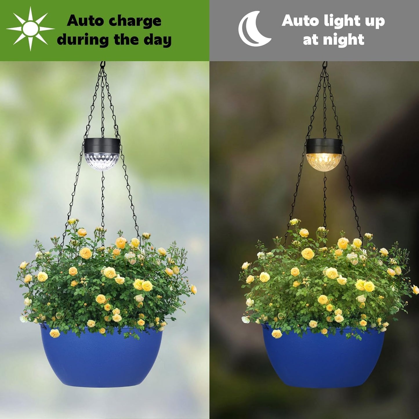 2 Packs Solar Hanging Basket Planters for Plants Outdoor, Self Watering Blue Flower Plants Pots with Solar Light Drainer for Balcony Patio Garden Outdoor Decoration