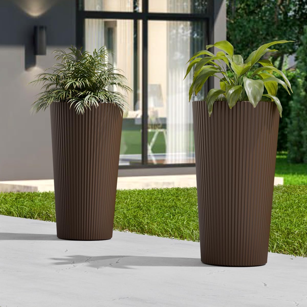 23.6" Tall Outdoor Planters, Set of 2 Large Plastic Flower Pots for Indoor & Outdoor Use, Modern Striped Decorative Garden Planters with Drainage Holes for Patio, Porch, Balcony, Brown
