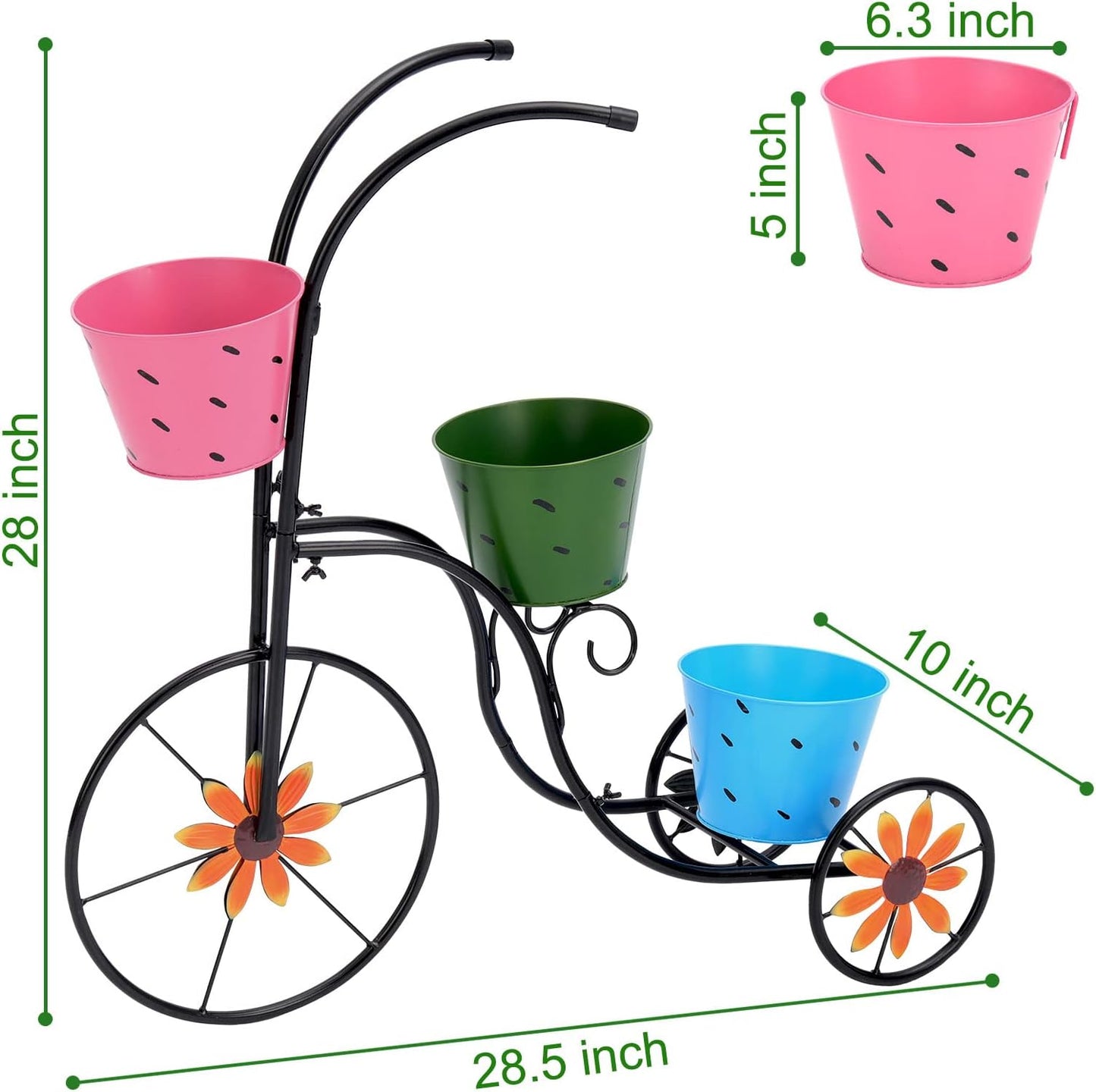 BAYN Bicycle Planter Stand, Metal Flower Pot Cart Holder with 3 Plant Bucket Outdoor Decorative for Patio, Deck, Garden or Lawn