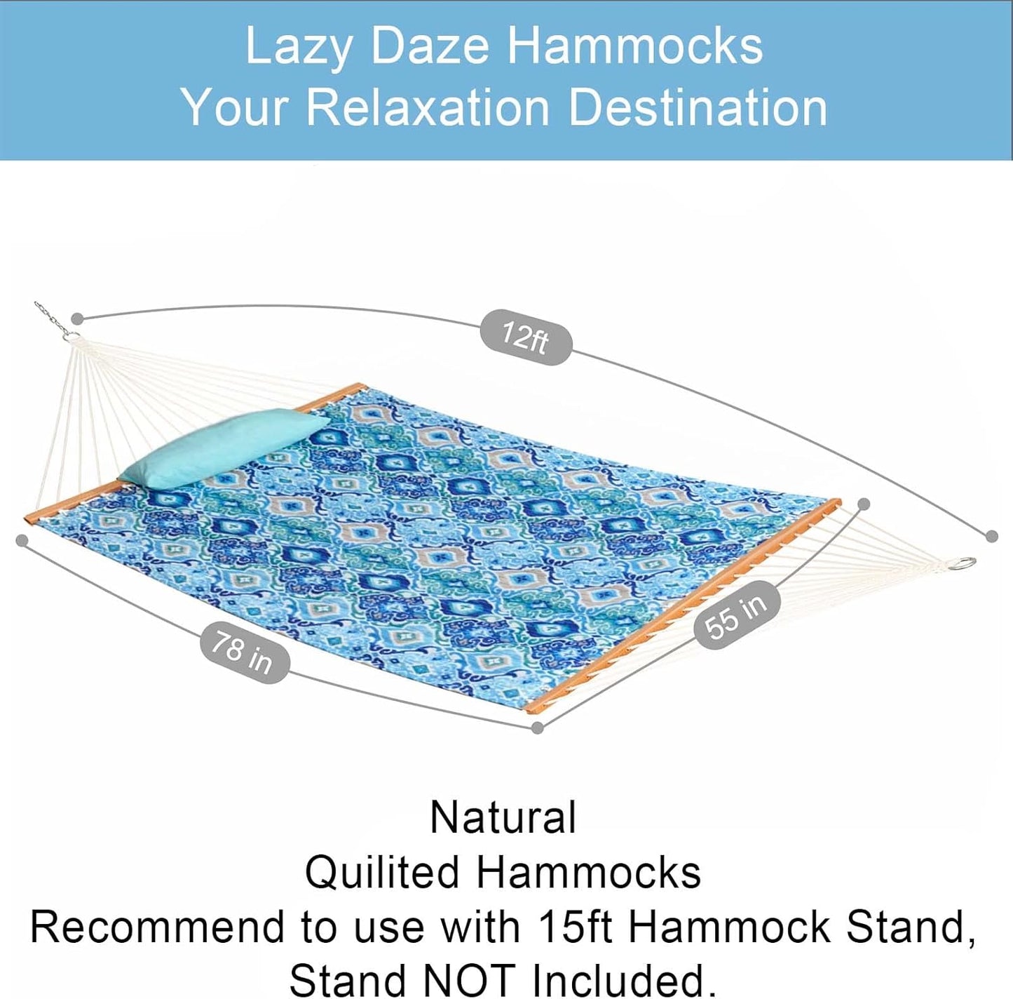 Lazy Daze Hammocks 12FT Quilted Fabric Hammock with Pillow, Double 2 Person Hammock with Spreader Bar for Outdoor Outside Patio Garden Yard Pool Beach QFH037