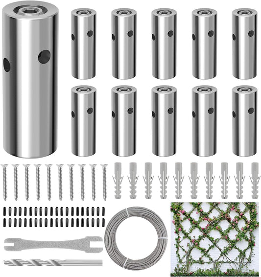 10 Sets Cylindrical Hubs Wall Trellis Kits, Wire Trellis for Climbing Plants Outdoor with 53Ft x 1/8" T316 Stainless Steel Rope, Garden Wire Trellis System for Espalier & Vertical Gardening