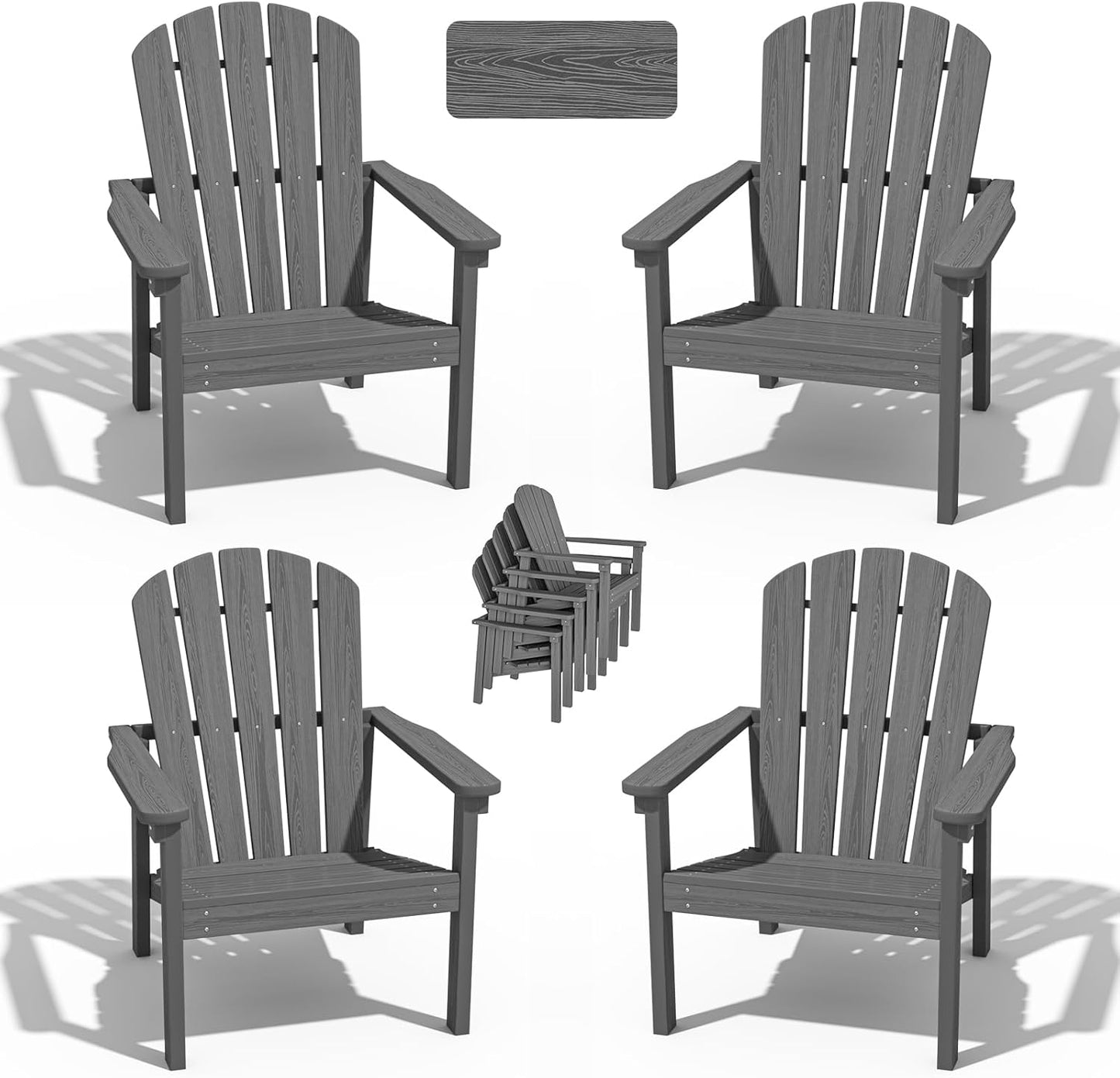 Stackable Adirondack Chair Set of 4, HDPE Outdoor Patio Chair - Durable and Space Saving, Suitable for Porches, Lawns or Garden, Grey