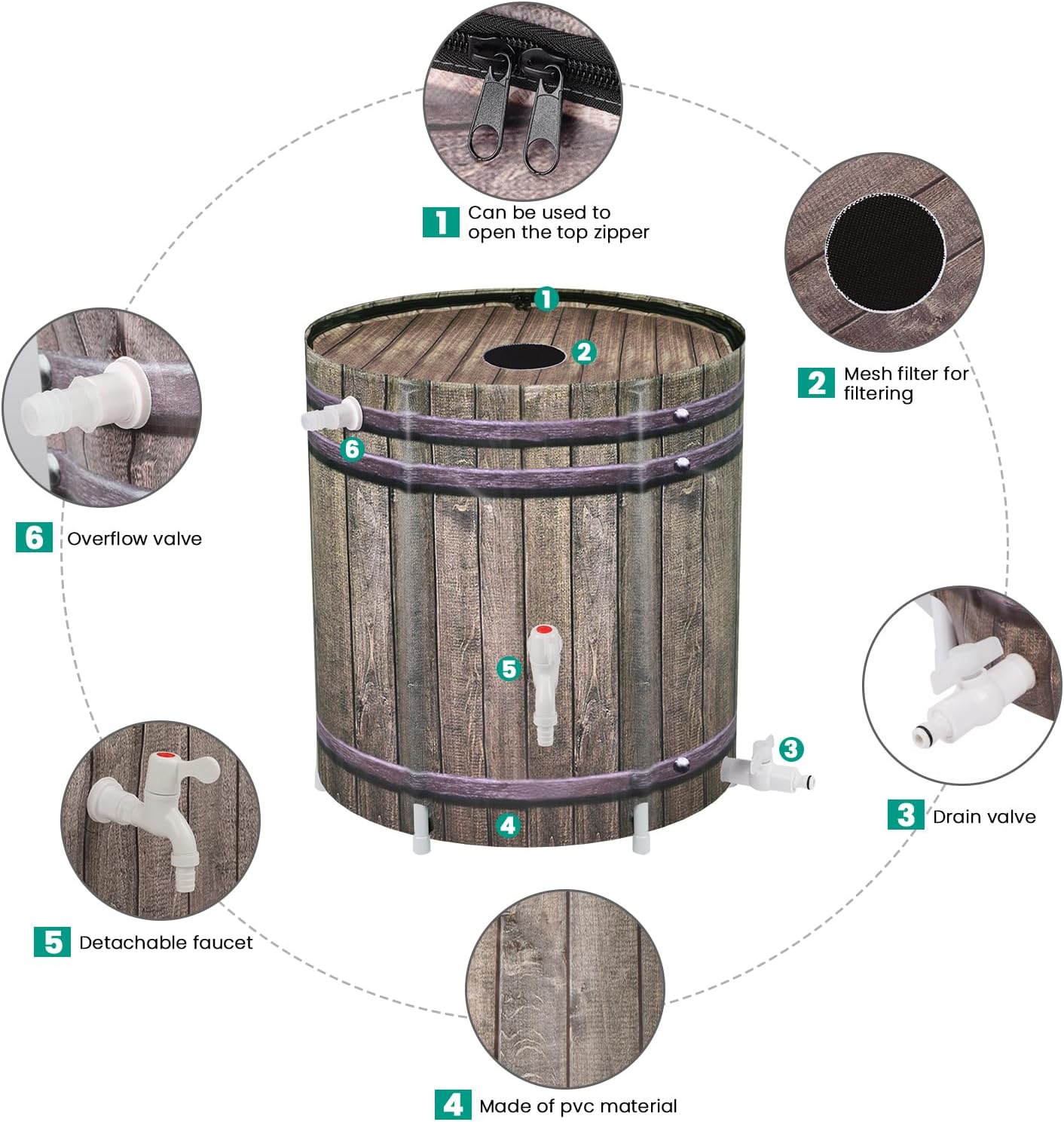 Rain Barrel,50 Gallon Collapsible Rainwater Collection with Spigots and Overflow Kit,Portable Plastic Rain Barrel with Filter, Anti-Collapse Rainwater Collection Container Woodgrain