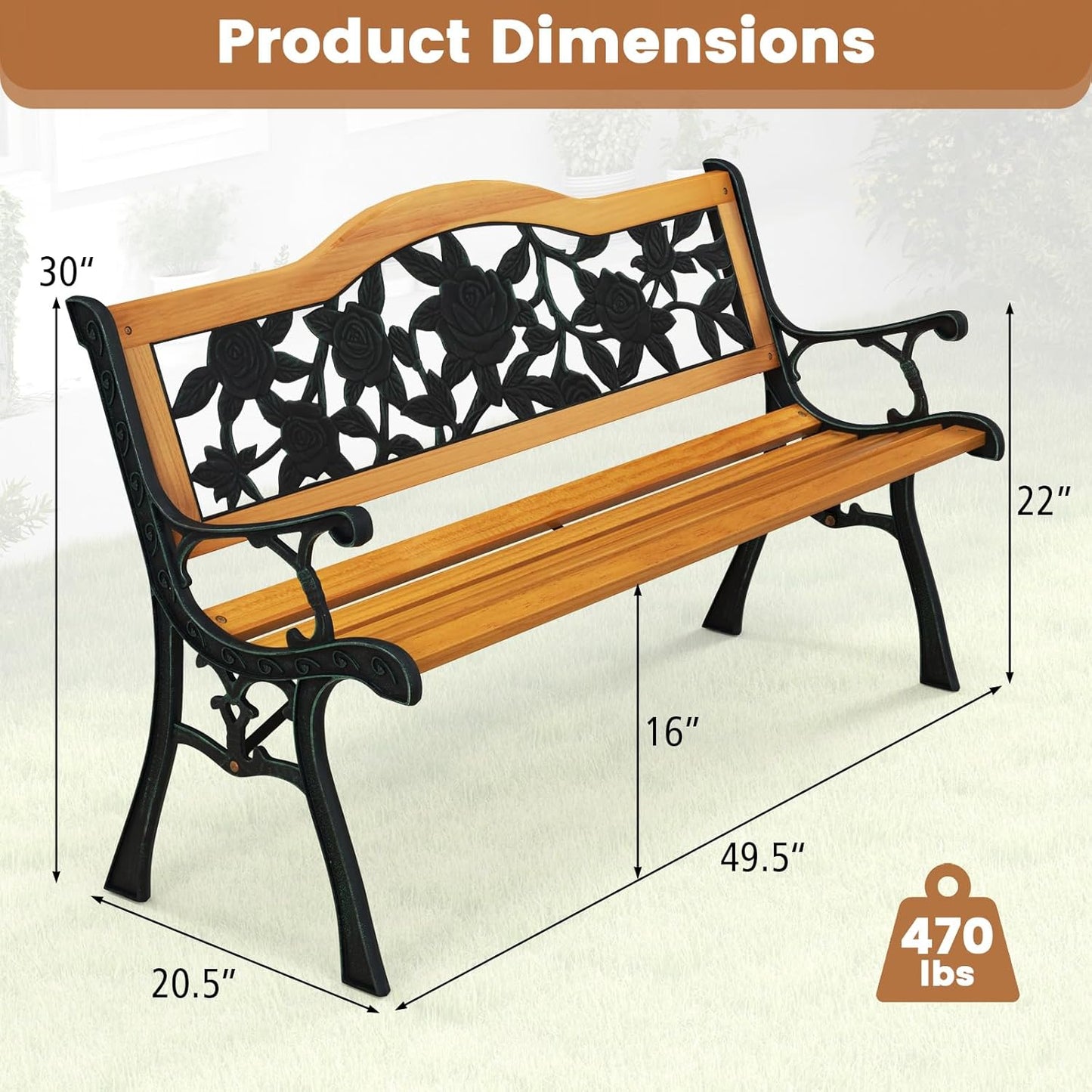 Tangkula Outdoor Garden Bench Park Bench, Patio Furniture Bench Chair with Cast Iron & Hardwood Structure, Weather Proof Porch Loveseat, Perfect for Backyard, Deck, Lawn, Poolside