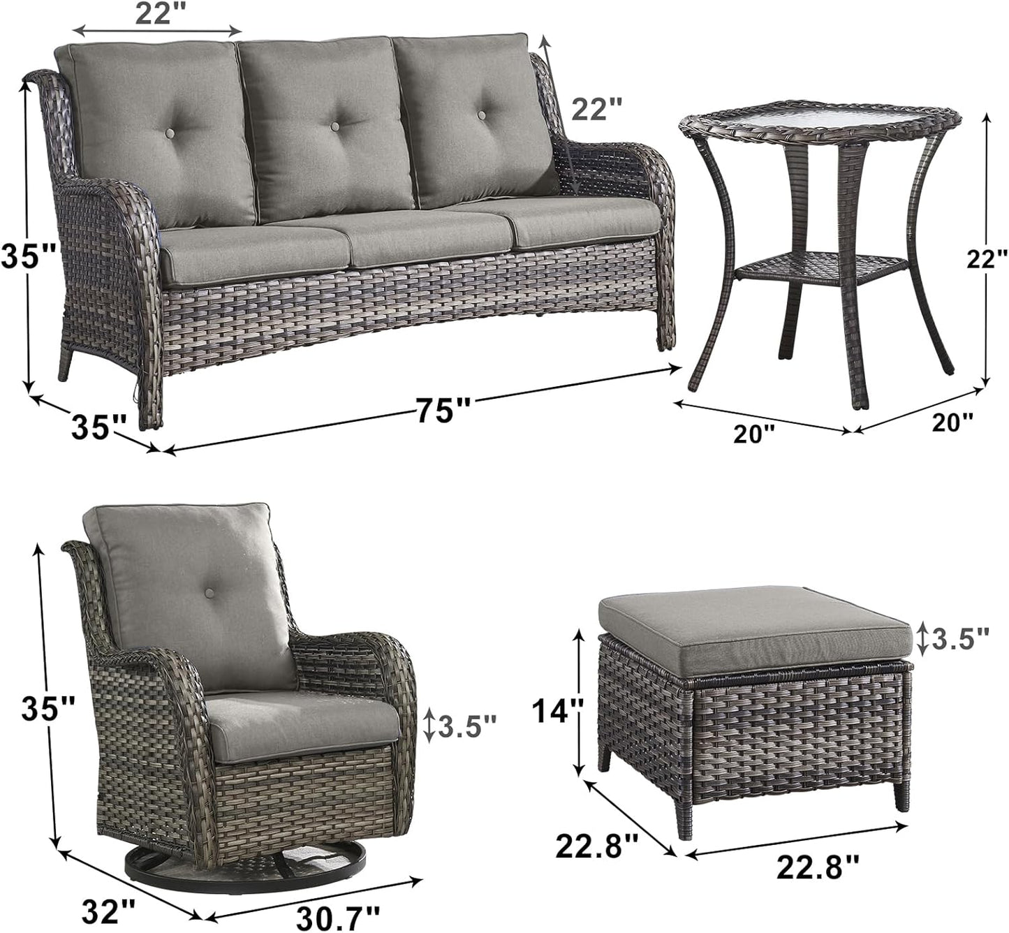 Outdoor Wicker Patio Furniture Set - 6 Piece Rattan Patio Conversation Set with 2 Rocking Swivel Chairs,2 Ottomans,1 Sofa and 1 Side Table for Porch Deck Backyard Garden(Mixed Grey/Grey)