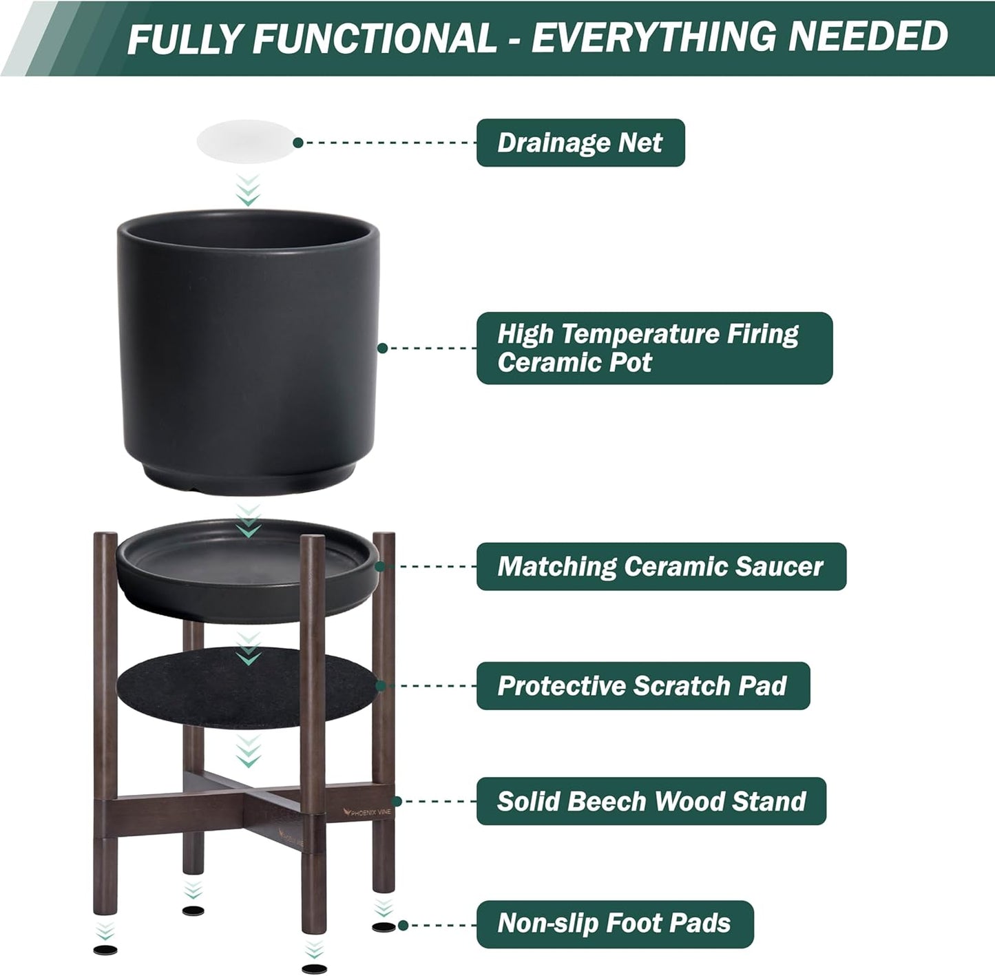 D'vine Dev Ceramic Planter with Walnut Color Stand - 8 Inch Modern Round Flower Pot with Wood Planter Holder, Black, 55-B-Y-2