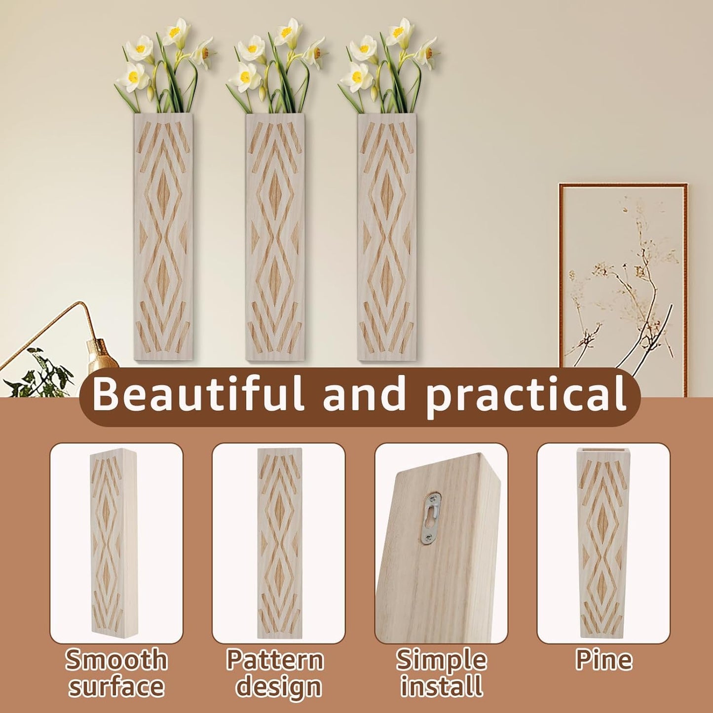 3PCS Wood Wall Planter for Indoor Plants, Wall Planter Vase, Stylish Wood Hanging Vase, Decorative Wood Wall Pocket Vase, Rectangular Hanging Planter for Living Room Bedroom Office(Beige)