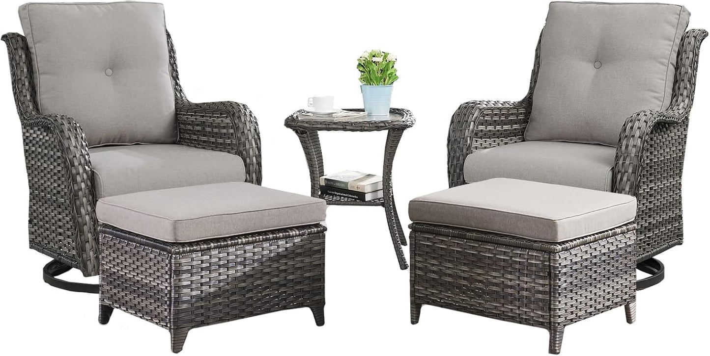 Outdoor Wicker Patio Furniture Set - 5 Pieces Rattan Patio Conversation Set with 2 Rocking Swivel Chairs,2 Ottomans and 1 Side Table for Porch Deck Backyard Garden(Mixed Grey/Grey)