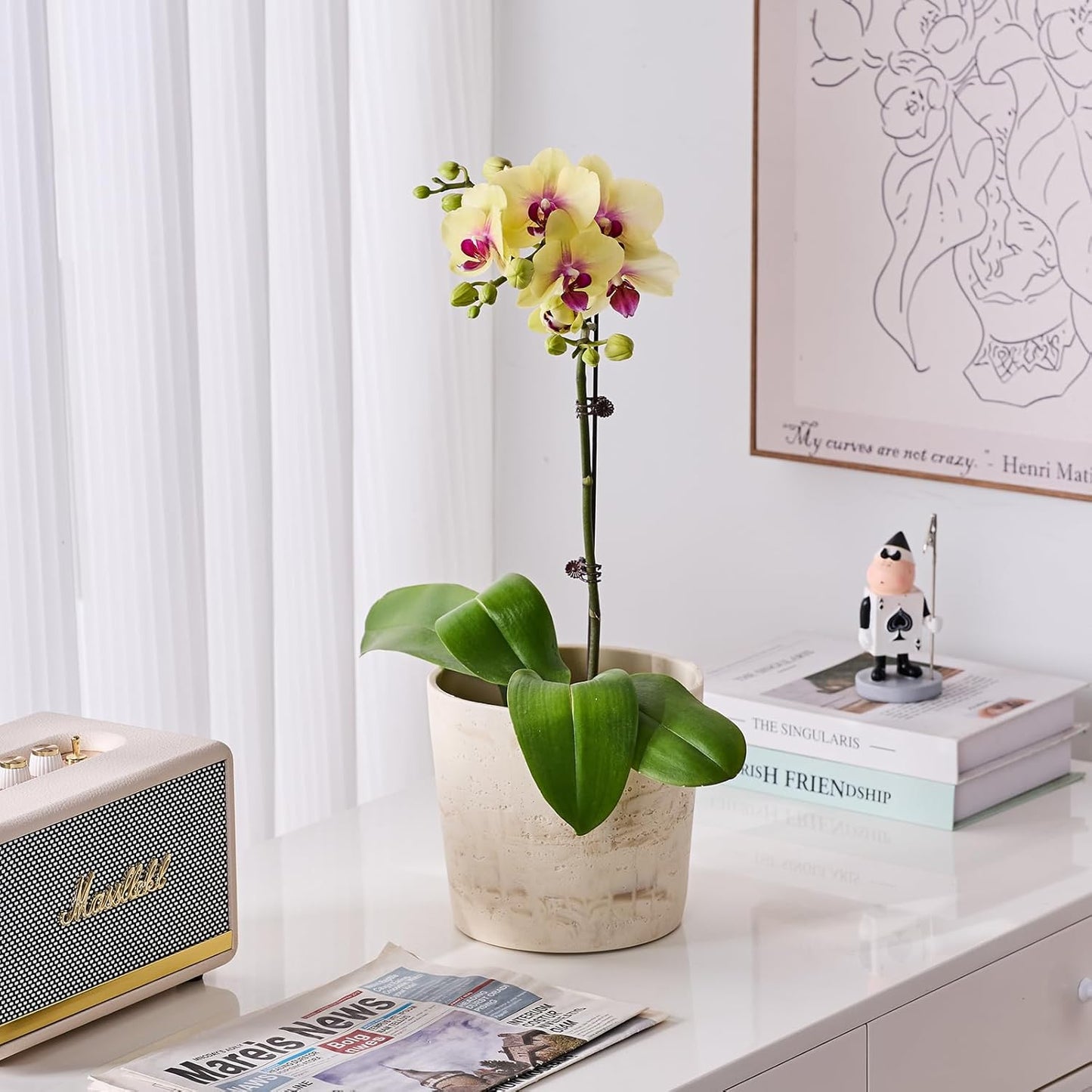 Ekirlin 7 Inch Natural Travertine Textures Plant Pot, Resin Outdoor Planter with Drainage Hole, Removable Rubber Stopper and Non-Slip Soft Pad,Weatherproof Decorative Pot for Indoor/Garden Plants