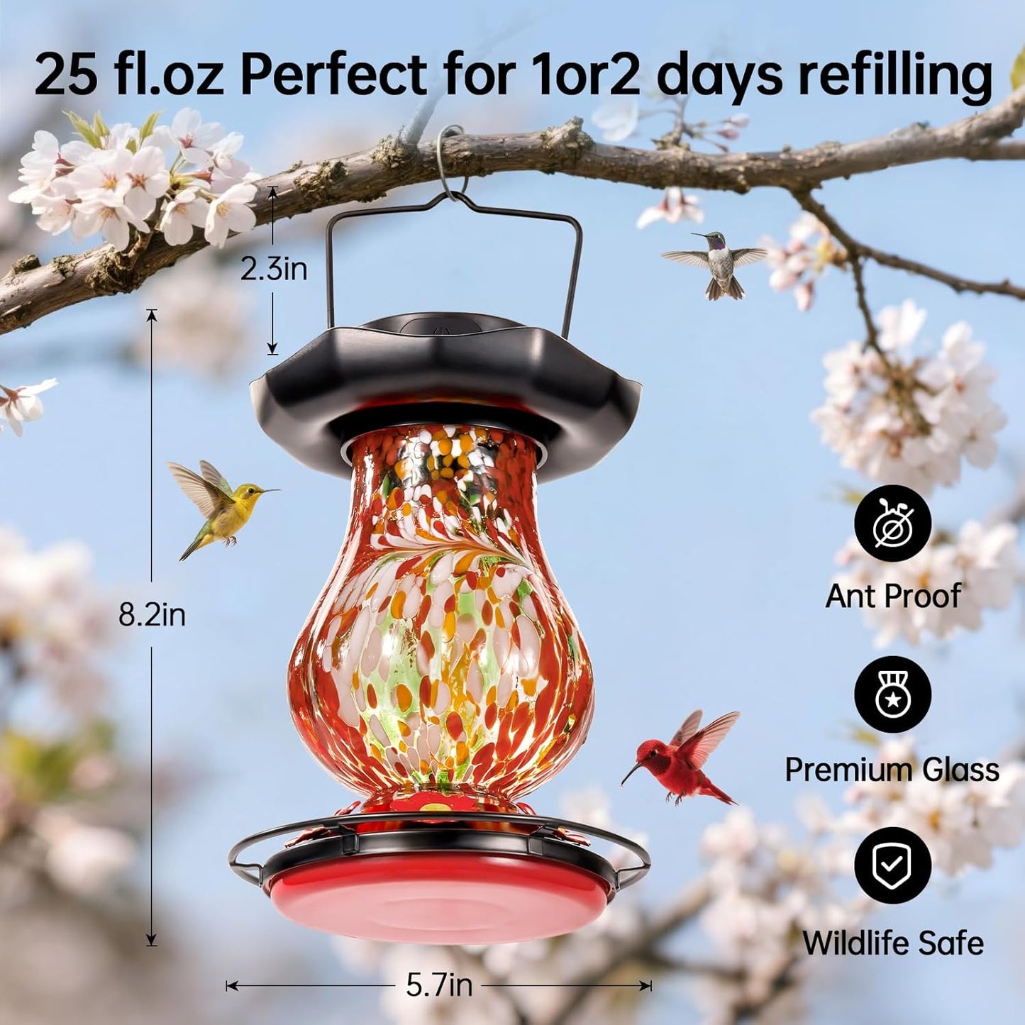Solar Hummingbird Feeder for Outdoor - 25 fl.oz Hand Blown Glass Hummingbird Feeders for Outdoors Hanging, Large Capacity with Moat, 6 Colors Changing Light Outside Garden Decor (Red)
