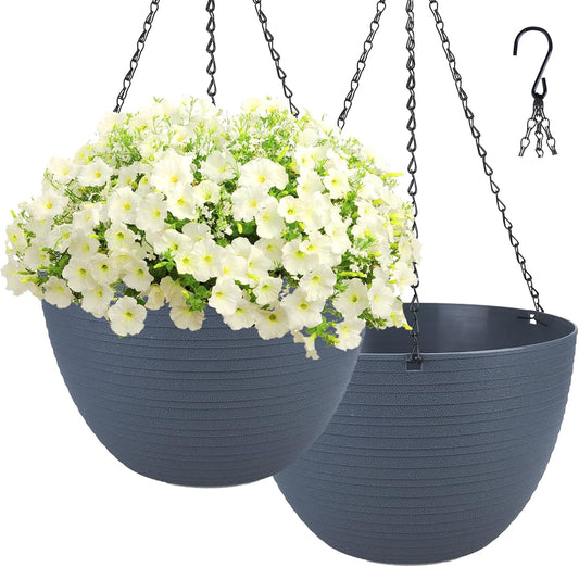 summer flower 2 Pack 9.9 Inch Self Watering Hanging, Deep Planters Hanging Pots for Indoor Outdoor Plants Hanging Baskets Hanging Plant Holder Plant Hanger for Flower Garden Porch Ceiling (Dark Gray)