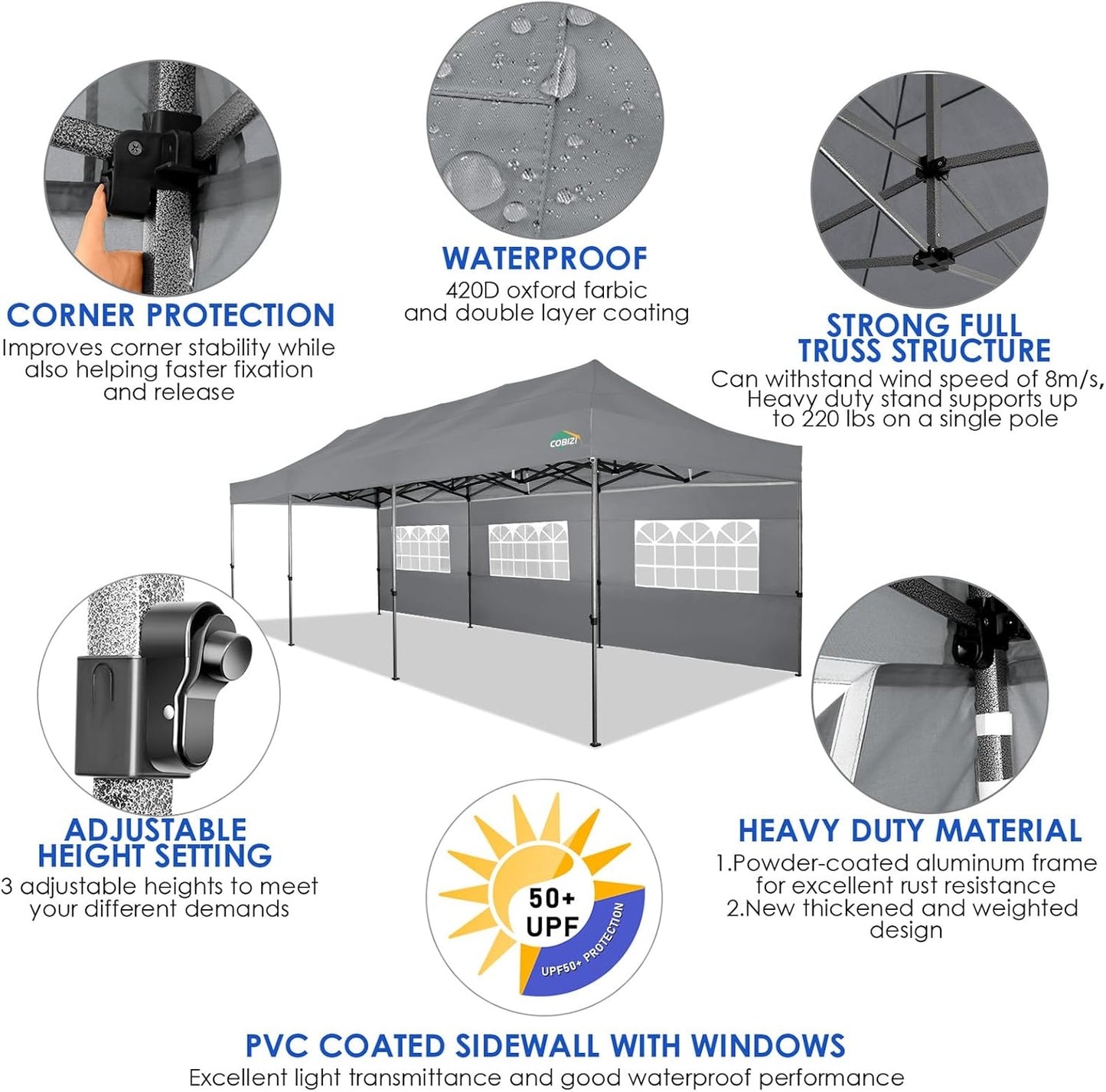 COBIZI 10x30 Pop up Canopy Tent 10x30 Canopy with Sidewalls, Heavy Duty Party Tent Tents for Parties, Foldable UPF 50+ Waterproof Commercial Ez up Canopy with Roller Bag, Grey(Windproof Upgraded)