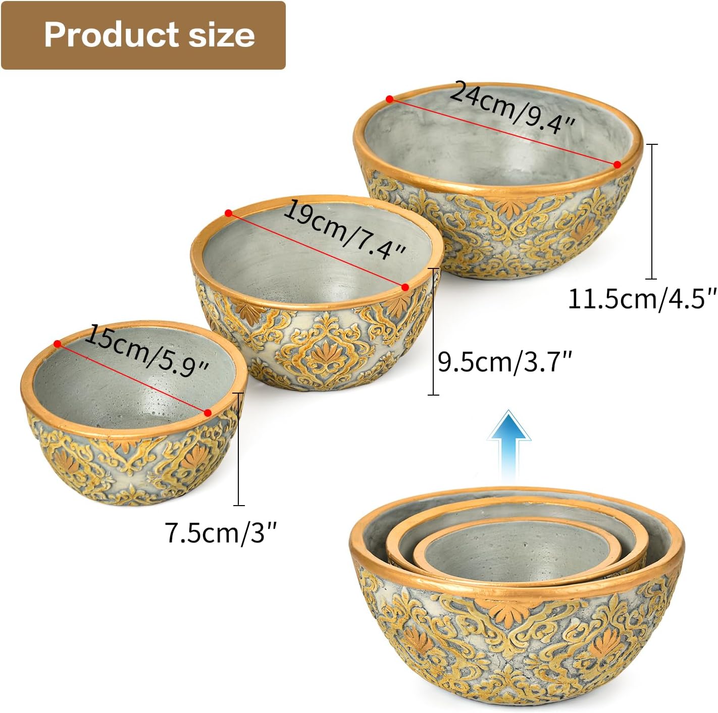 Sungmor Cement Planter Succulent Pots, Set of 3 Concrete Cactus Plant Pot with Drainage Hole, Embossed Design Flower Pot for Home Office Decor, 5.9" & 7.5" & 9.4" Indoor Outdoor Plants Container