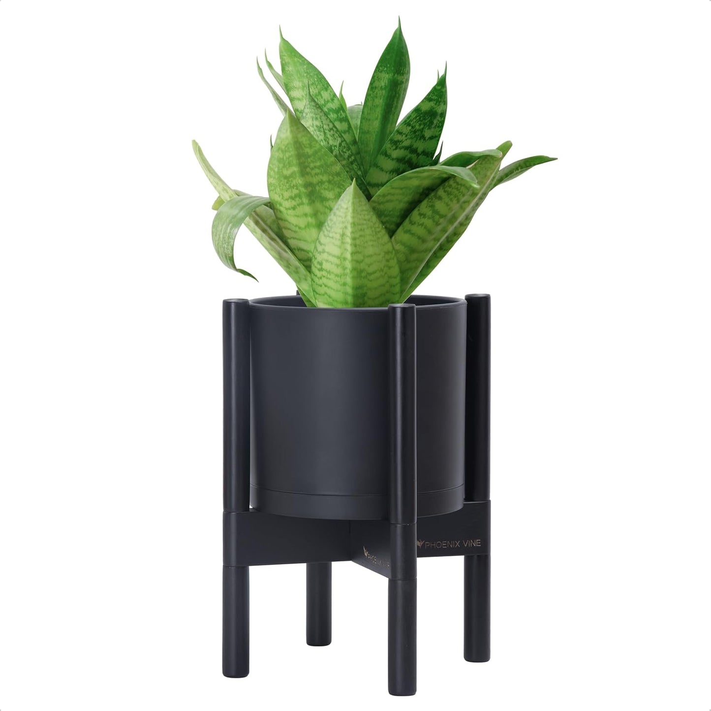 D'vine Dev Planter Pot with Stand - 8 Inch Plastic Cylinder Flower Pot with Wood Planter Holder for Indoor, Matte Black Pot + Ebony Stand, 55-C-K-2