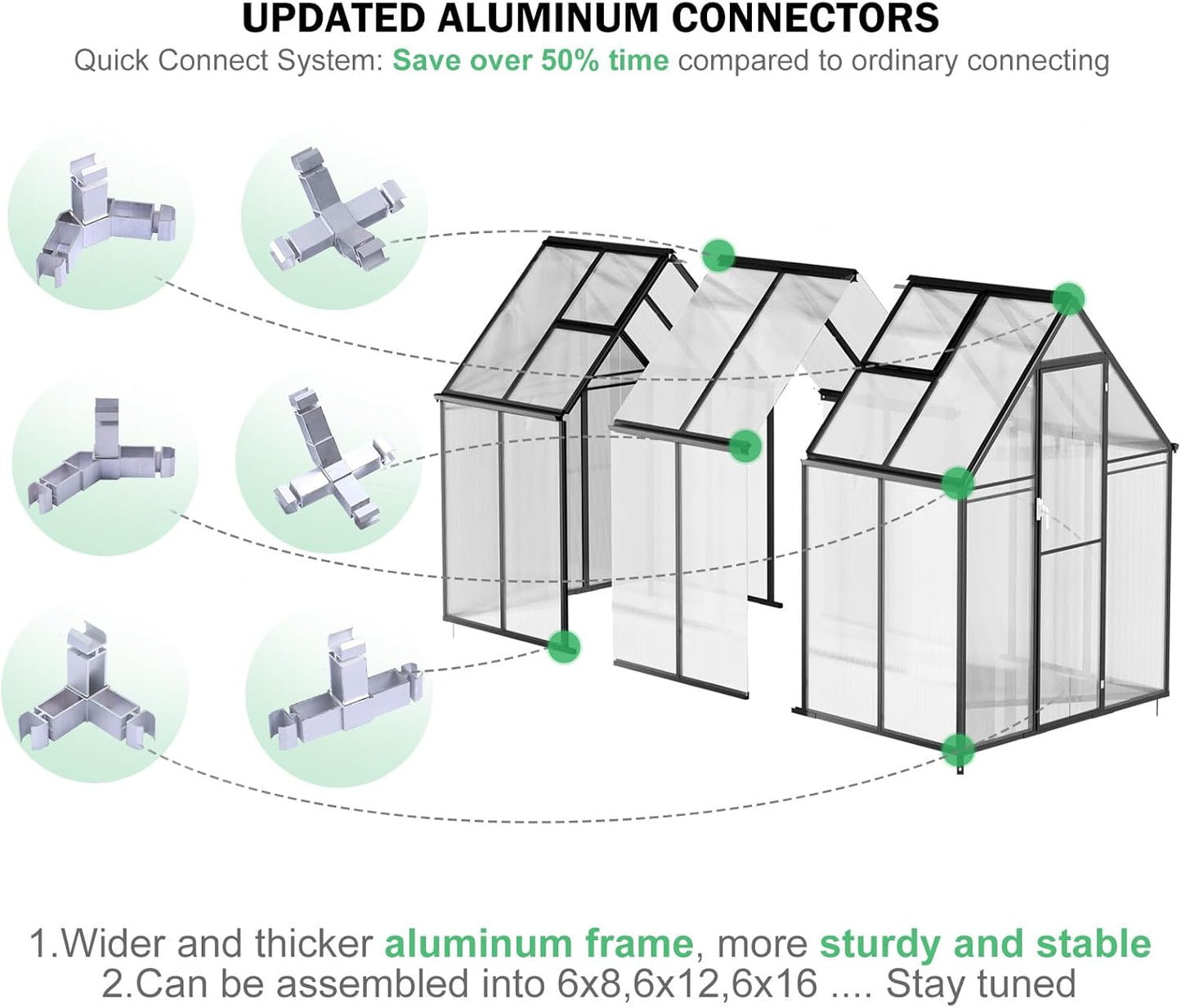 CDCASA 12x6x6 FT Greenhouse for Outdoors, Large Polycarbonate Greenhouse Aluminum Greenhouses w/Vent Window, Swing Door & Easy Assembly Walk-in Green House for Patio, Backyard, Garden, Black