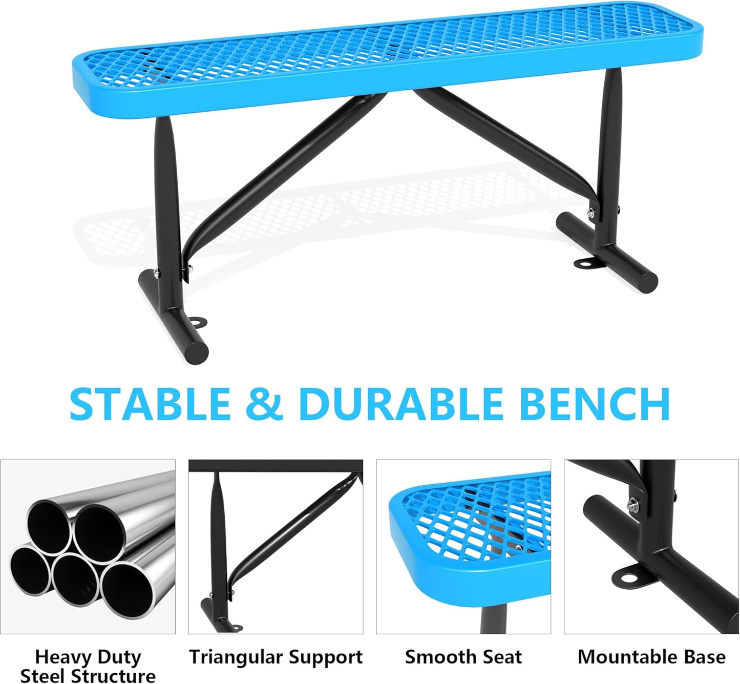 48" L Outdoor Steel Flat Bench, Heavy Duty Metal Park Bench for Outside, Expanded Metal, Commercial Benches Mesh Bench for Shopping Mall, Store, Lawn, Park, Patio, Deck, Garden (Blue, 4FT)