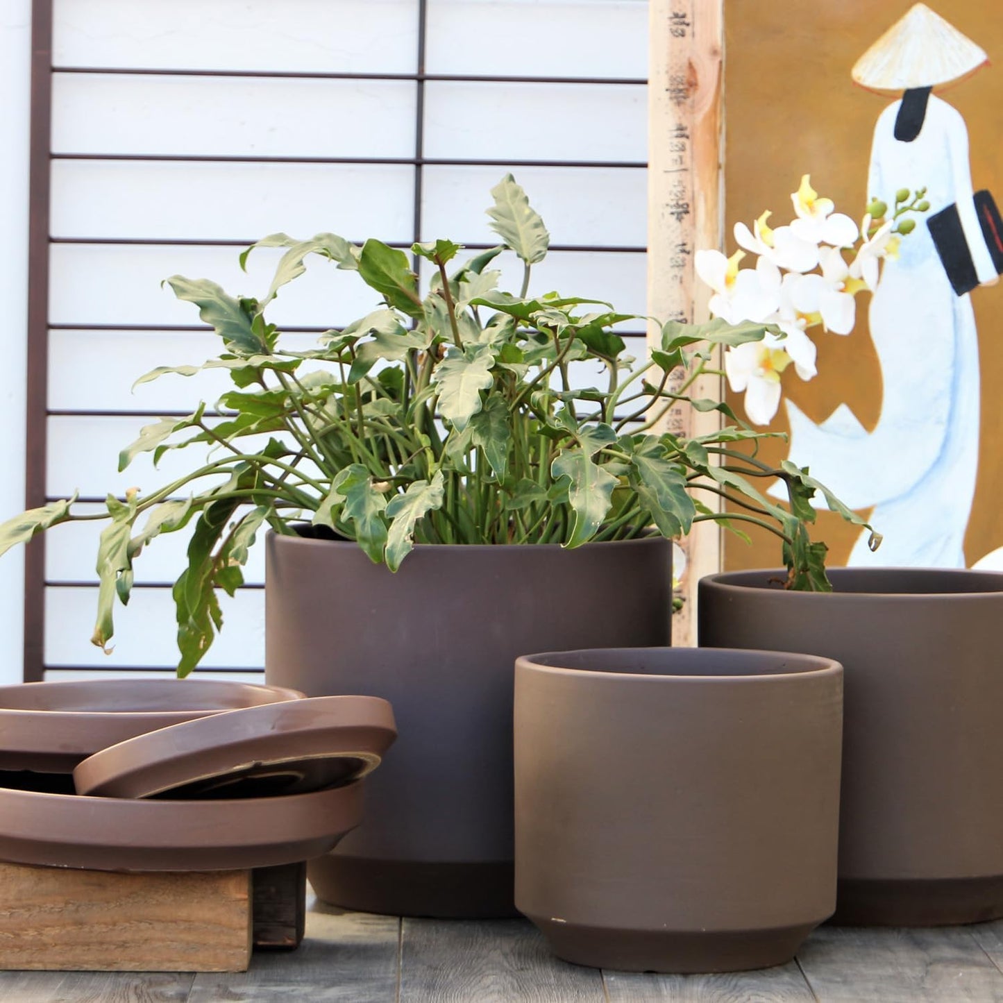 Ceramic Mid Modern Planter Pots with Detached Saucer - Indoor/Outdoor Plant Pots with Drainage Hole