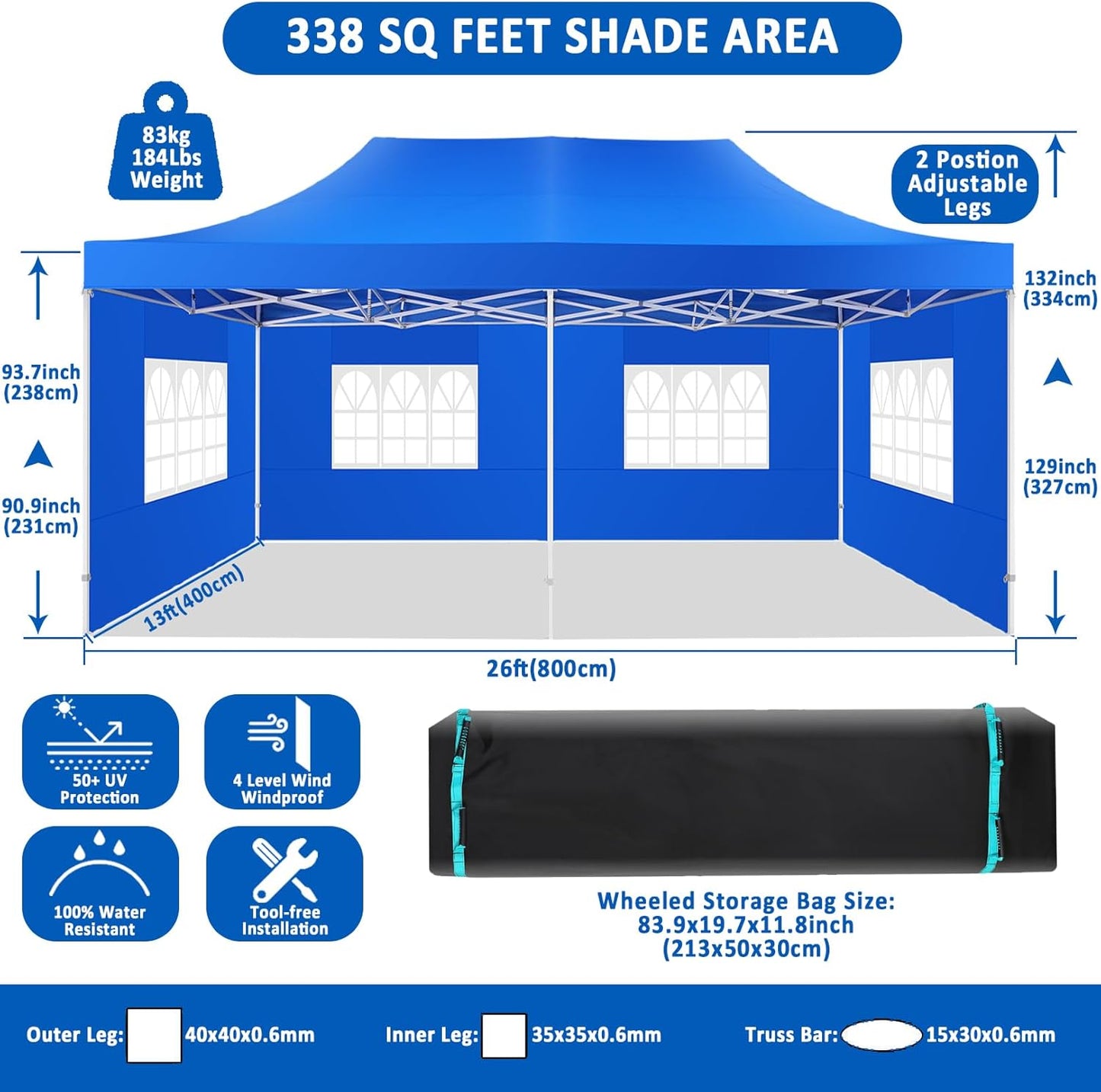 COBIZI 13x26 Pop Up Canopy with 6 Sidewall,Heavy Duty Canopy UPF 50+ All Season Wind Waterproof Commercial Outdoor Wedding Party Tents for Parties Canopy Gazebo with Roller Bag(13 x 26 ft Blue)