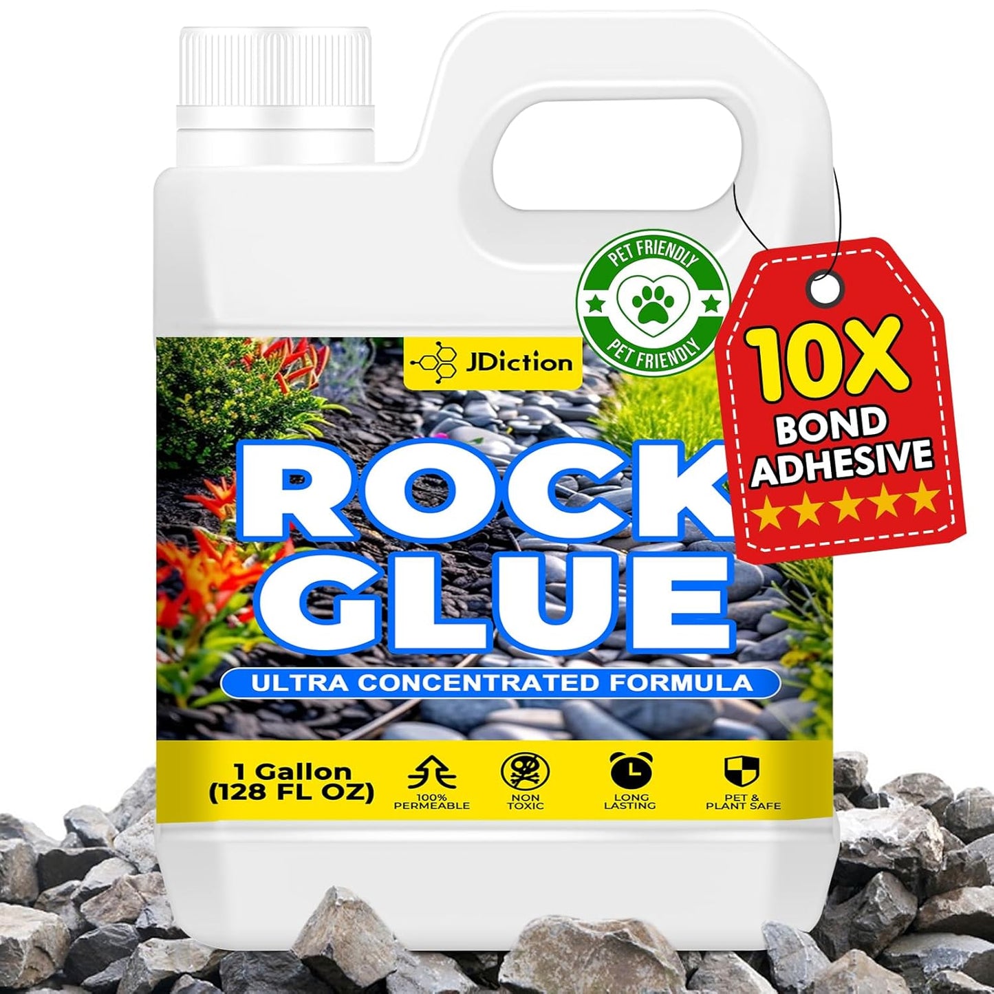JDiction Rock Glue for Landscaping 1 Gallon - 10X Concentrated Mulch Glue for Landscaping, Gravel Binder for Stone/Pebble, Landscape Gravel Adhesive, Rock Stabilizer, Weather Proof, Lasts Up to 2 Year