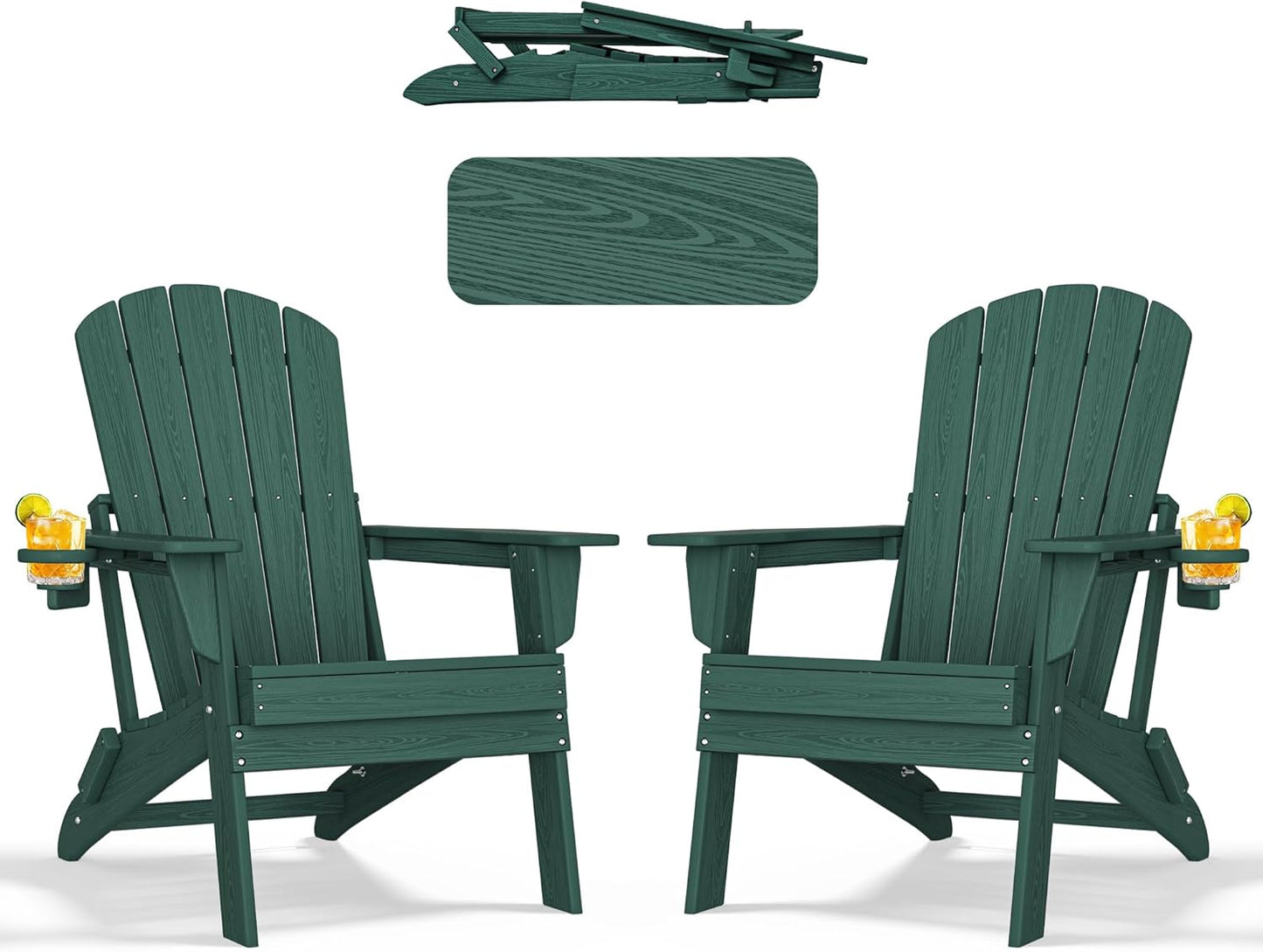 Folding Adirondack Chair - Extended Ergonomic Backrest, Cup Holder - Easy Assembly - Durable HDPE Plastic, Weather Resistant & Maintenance-Free - Lawn, Patio, Deck Supports 380lbs Green