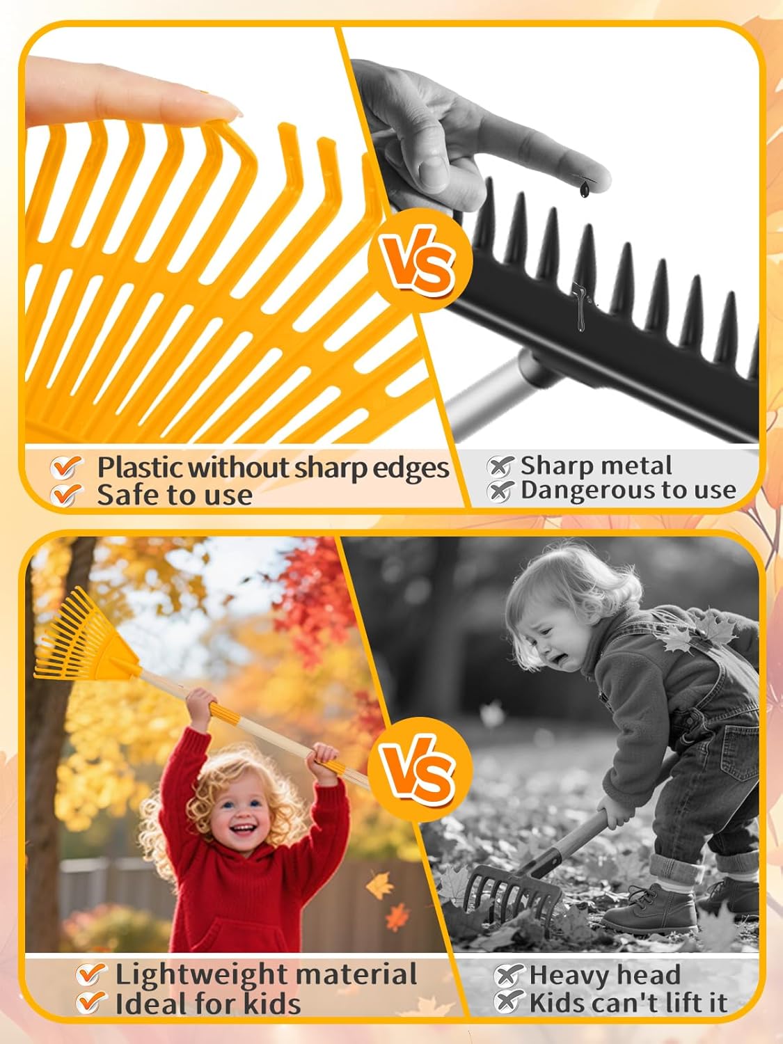 4 Pcs 34" Lightweight Kids Rakes with Wood Handle - Plastic Garden Rake for Leaves, Safe to Use Kid Yard Tools for Boys Girls Fall School Outdoor Activities (Red, Yellow, Blue, Green)