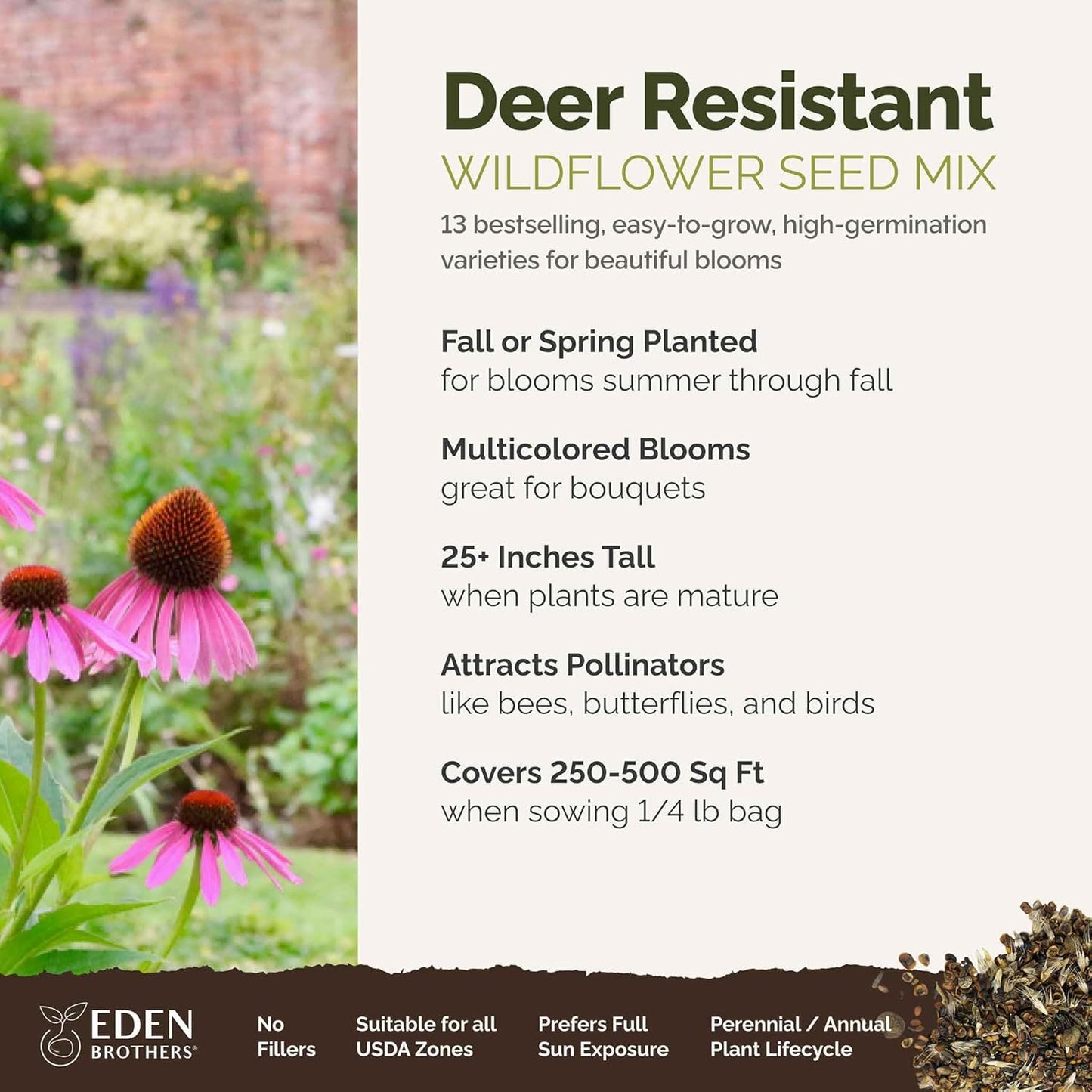 Eden Brothers Deer Resistant Wildflower Mixed Seeds for Planting, 1/4 lb, 120,000+ Seeds with Foxglove, Forget Me Not | Attracts Pollinators, Plant in Spring or Fall, Zones 3, 4, 5, 6, 7, 8, 9, 10