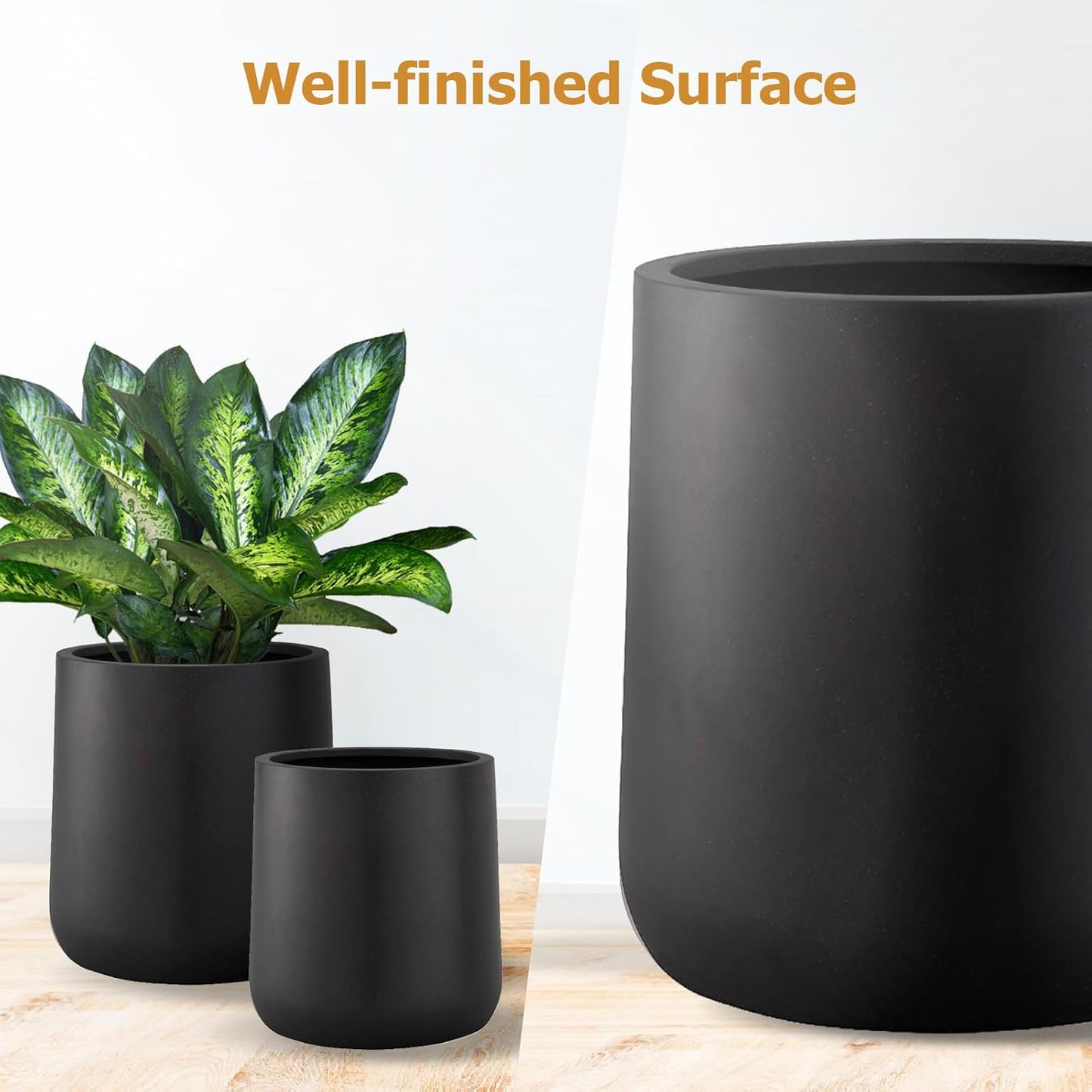 14" H x 13.7" D Conico Fiberstone Round Planter with Drainage Hole, Smooth Finishes, Weather Resistant for Indoor and Outdoor Use, Included 2 Extra Coco Mats (Black, 10.6" Pot Opening)