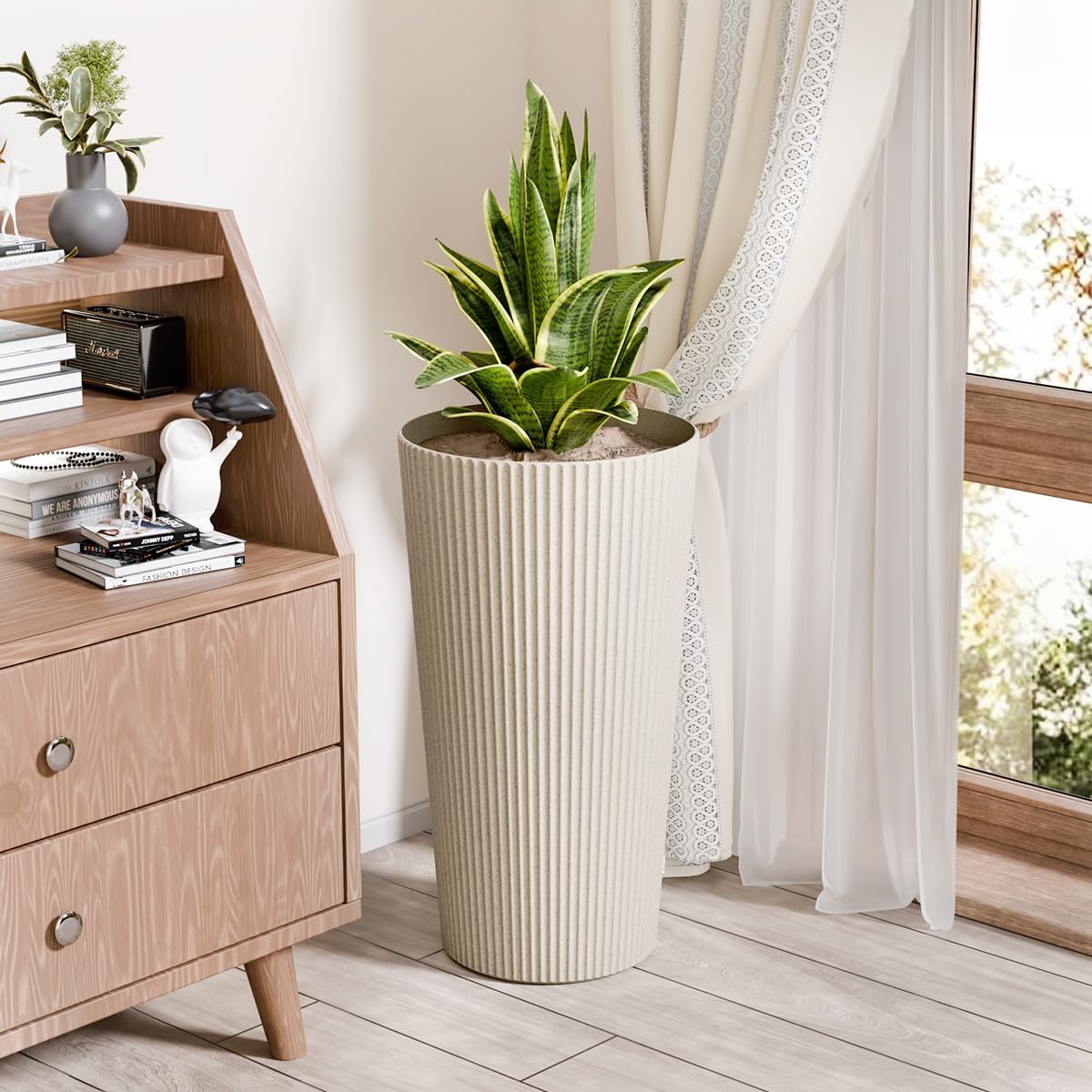 23.6" Tall Outdoor Planters, Set of 2 Large Plastic Flower Pots for Indoor & Outdoor Use, Modern Striped Decorative Garden Planters with Drainage Holes for Patio, Porch, Balcony, Beige