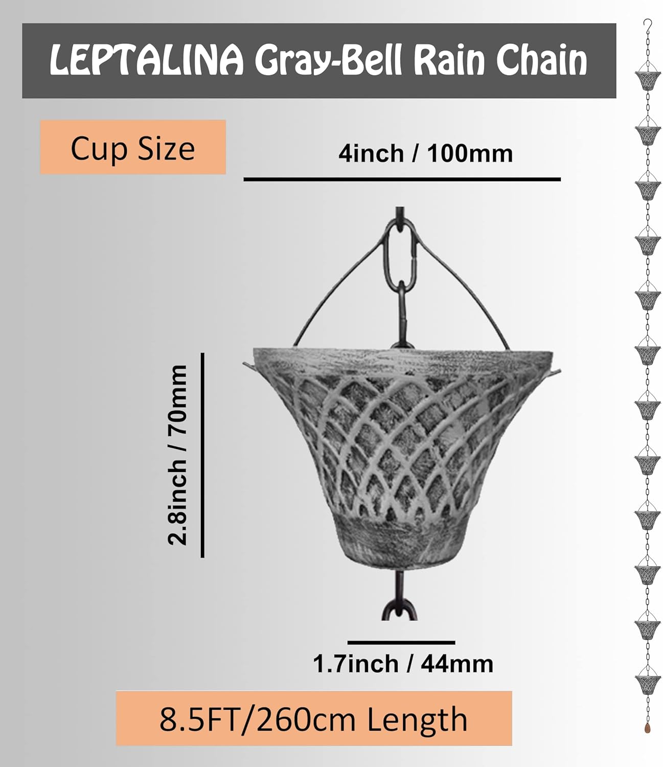 8.5FT Bell Iron Rain Chains for Gutter and Rain Barrel, Rust-Resistant Plated Garden Décor for Downspout, Bonus Rain Chain Gutter Adapter (Antique-Gray)