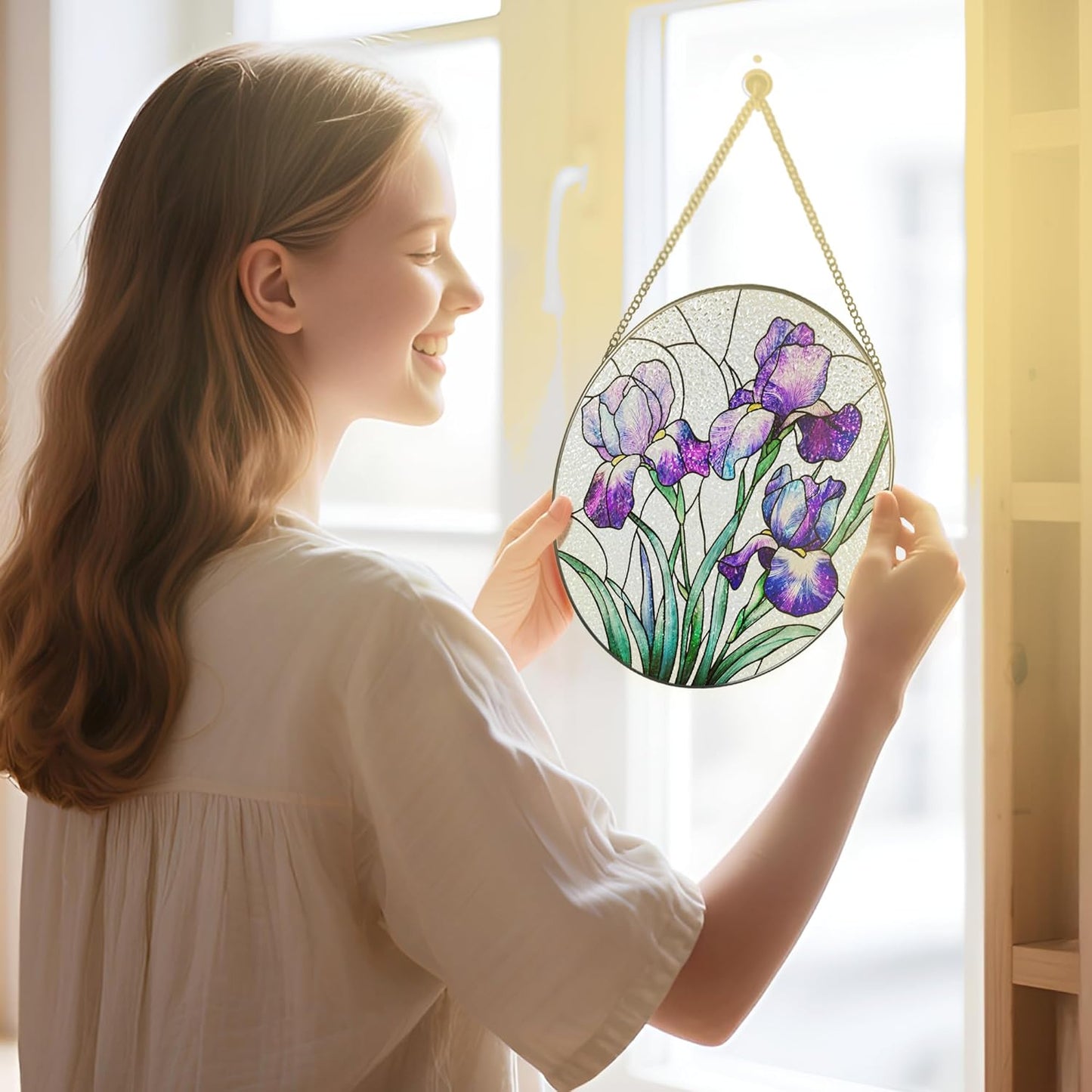 Stained Glass Window Hanging, 8 Inch Purple Irises Stained Glass Suncatcher, Flower Sun Catchers Indoor Window, Iris Flowers Gift, Flower Lovers Gifts, Housewarming Gift, Gifts for Her or Women