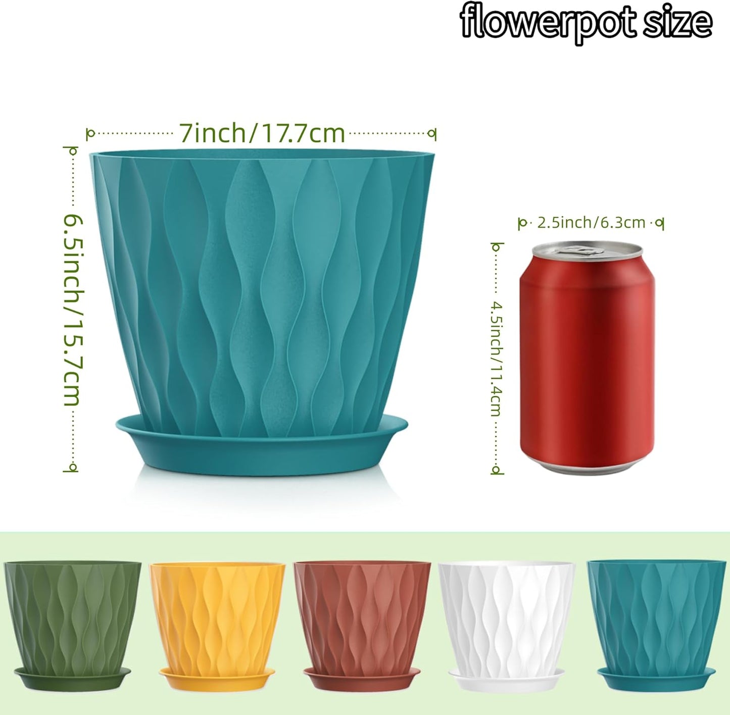 7 Inch Plant Pots Set of 5, Plastic Flower Pots with Drainage Holes and Trays, Planter Pot for Indoor Plants, Decorative Pots for Plants Indoor/Outdoor （Multicolor）