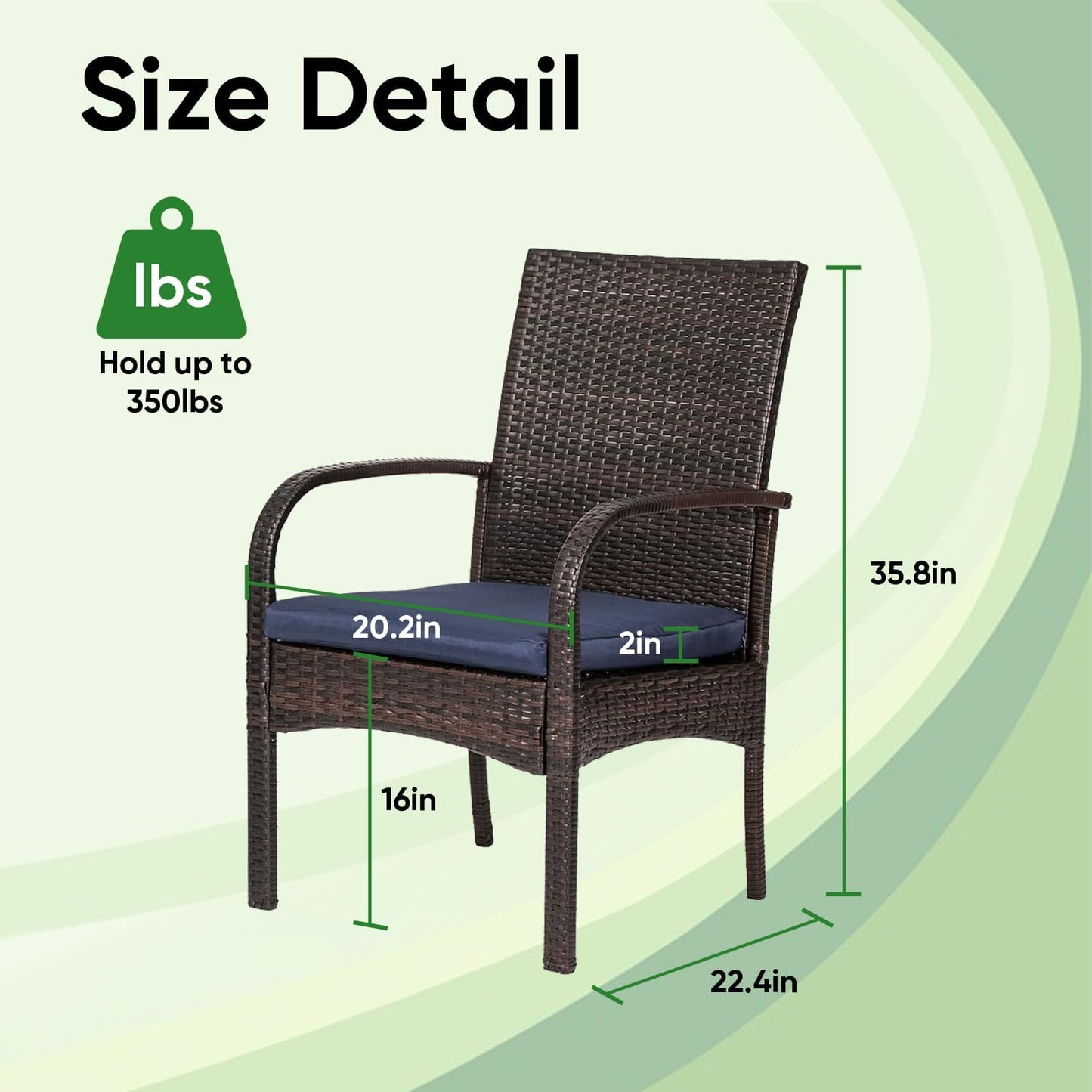 Outdoor Wicker Patio Dining Chairs with Padded Cushions Set of 2: Porch Rattan Chairs Club Chairs with High Back and Deep Seating 350lbs, Brown