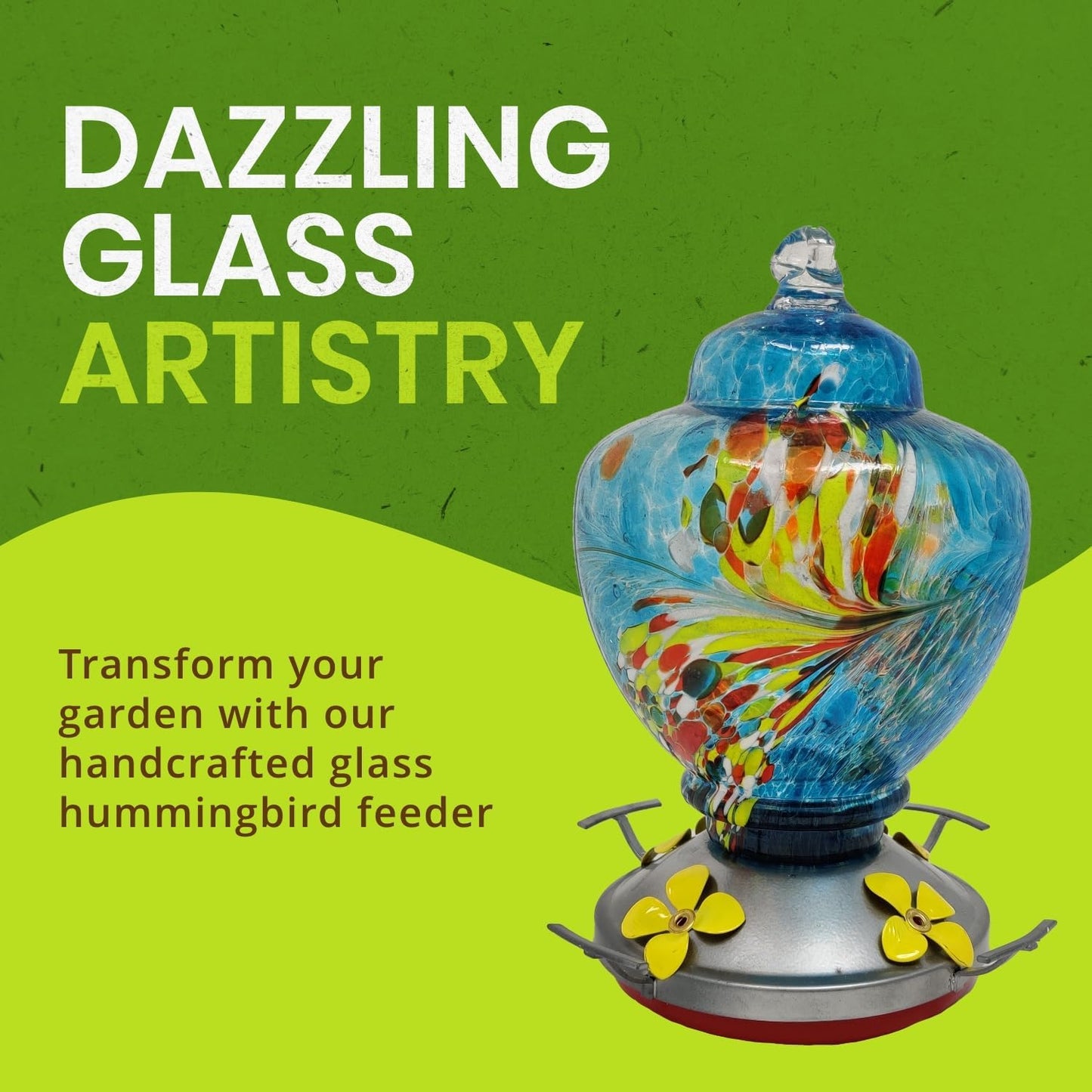 Nature Gear Hummingbird Feeder, Hanging-Mount Glass Hummingbird Feeders for Outdoors, Hand-Blown Glass Feeder with Ant Moat for Garden Hummingbirds, Easy to Clean & Rust Resistant, Blue Burst